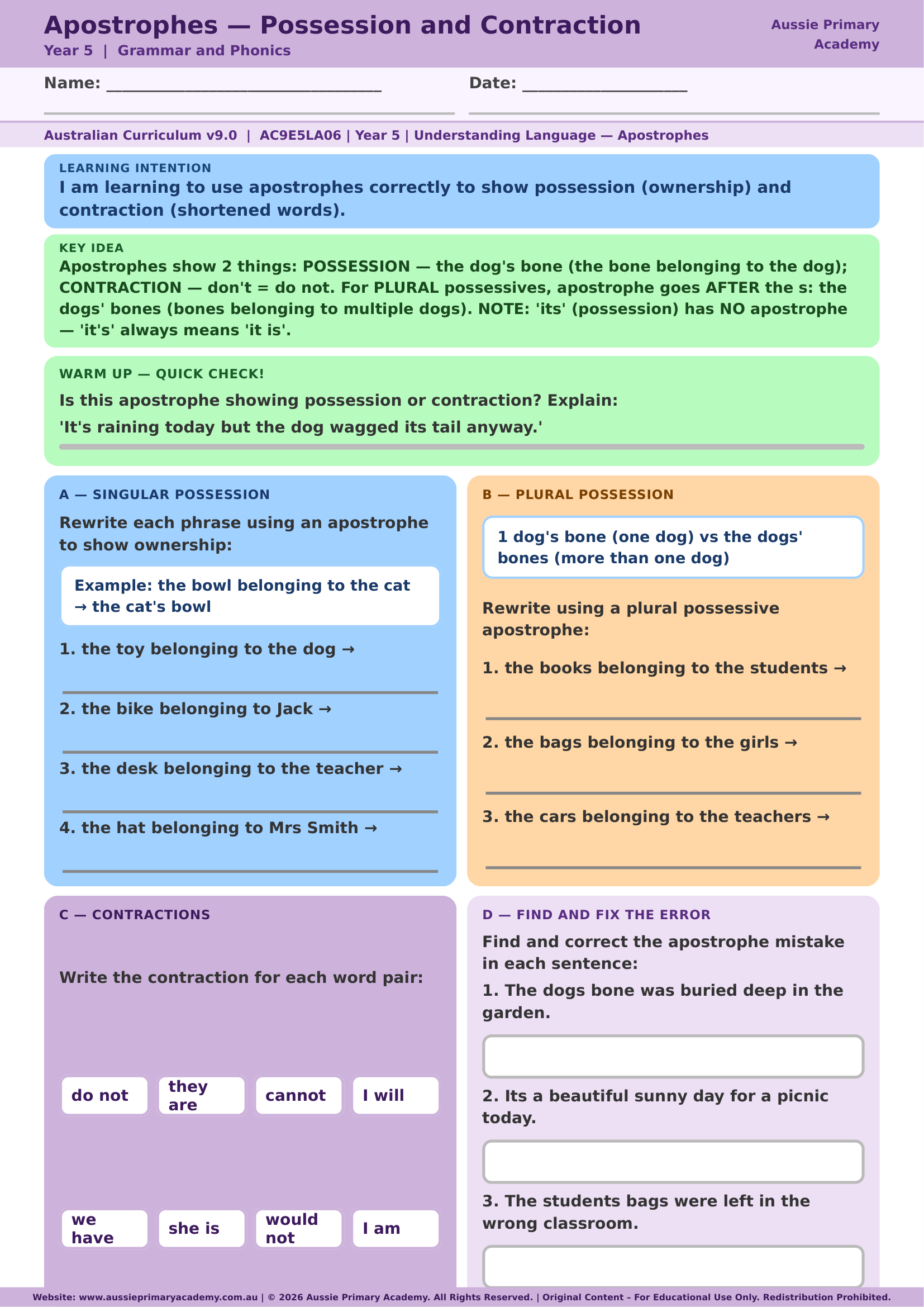 Apostrophes Possession Contraction Grammar Ac9E5La09 Colour worksheet preview