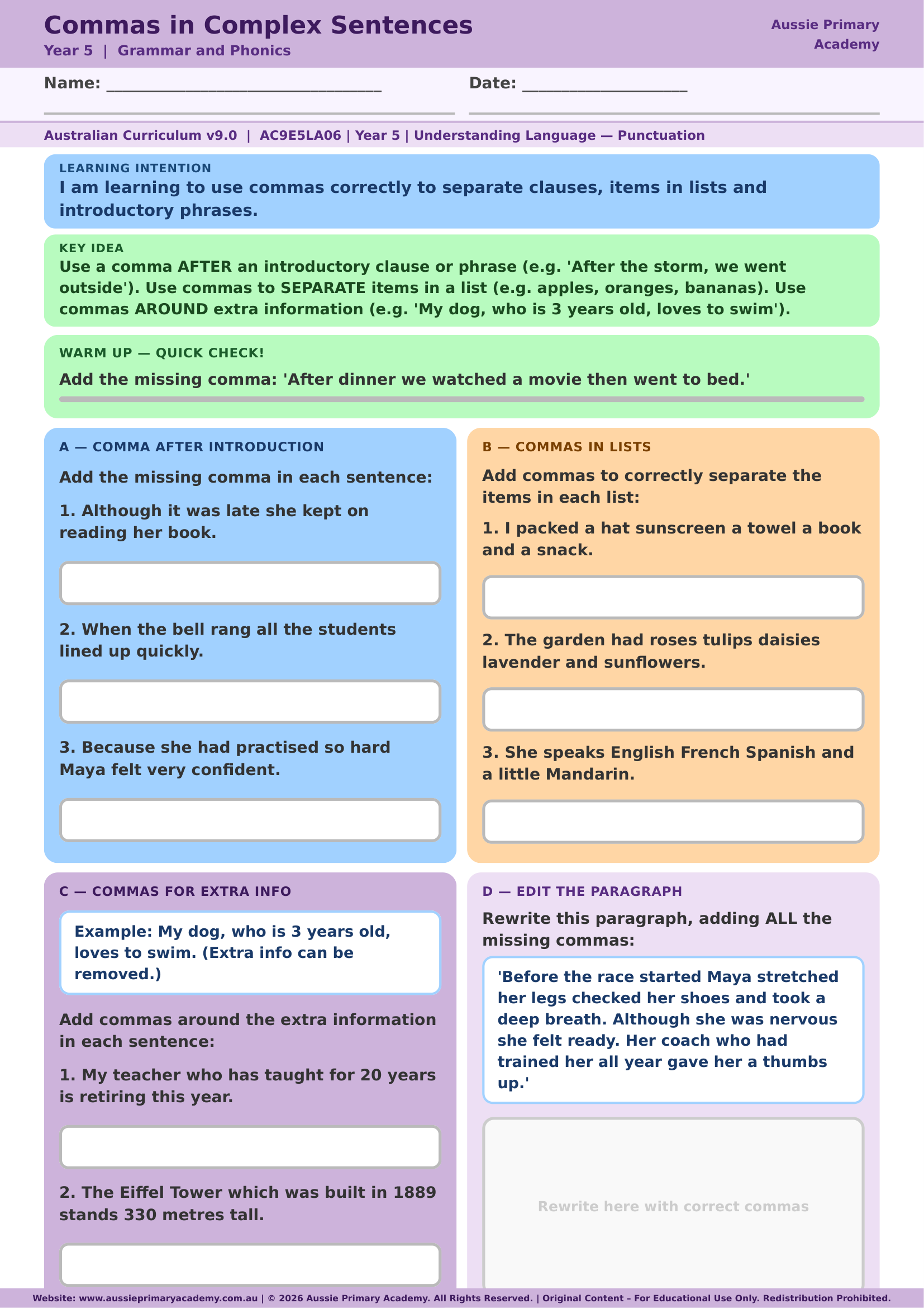 Commas in Complex Sentences Year 5 English worksheet preview