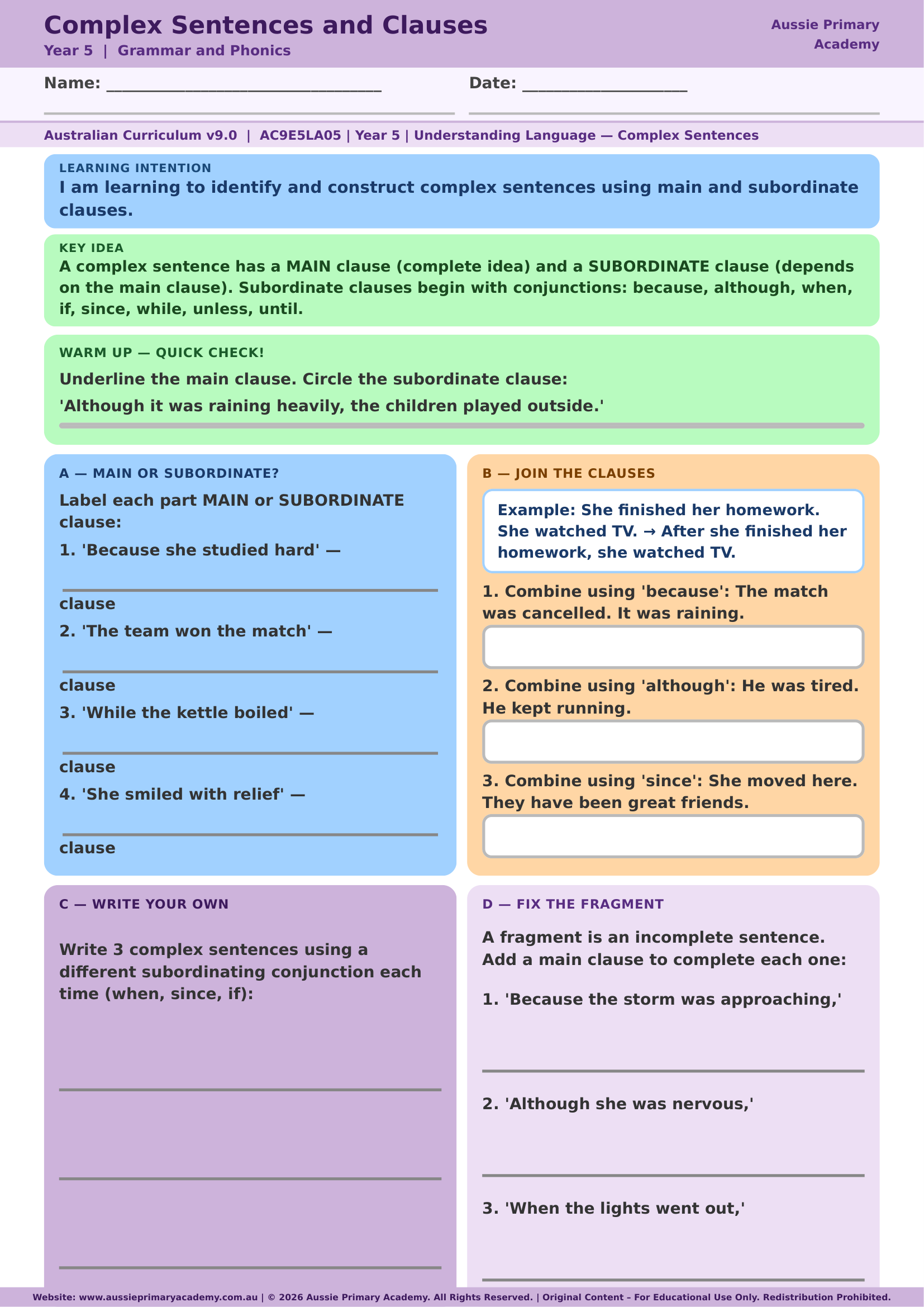 Complex Sentences And Clauses Grammar Ac9E5La05 Colour worksheet preview