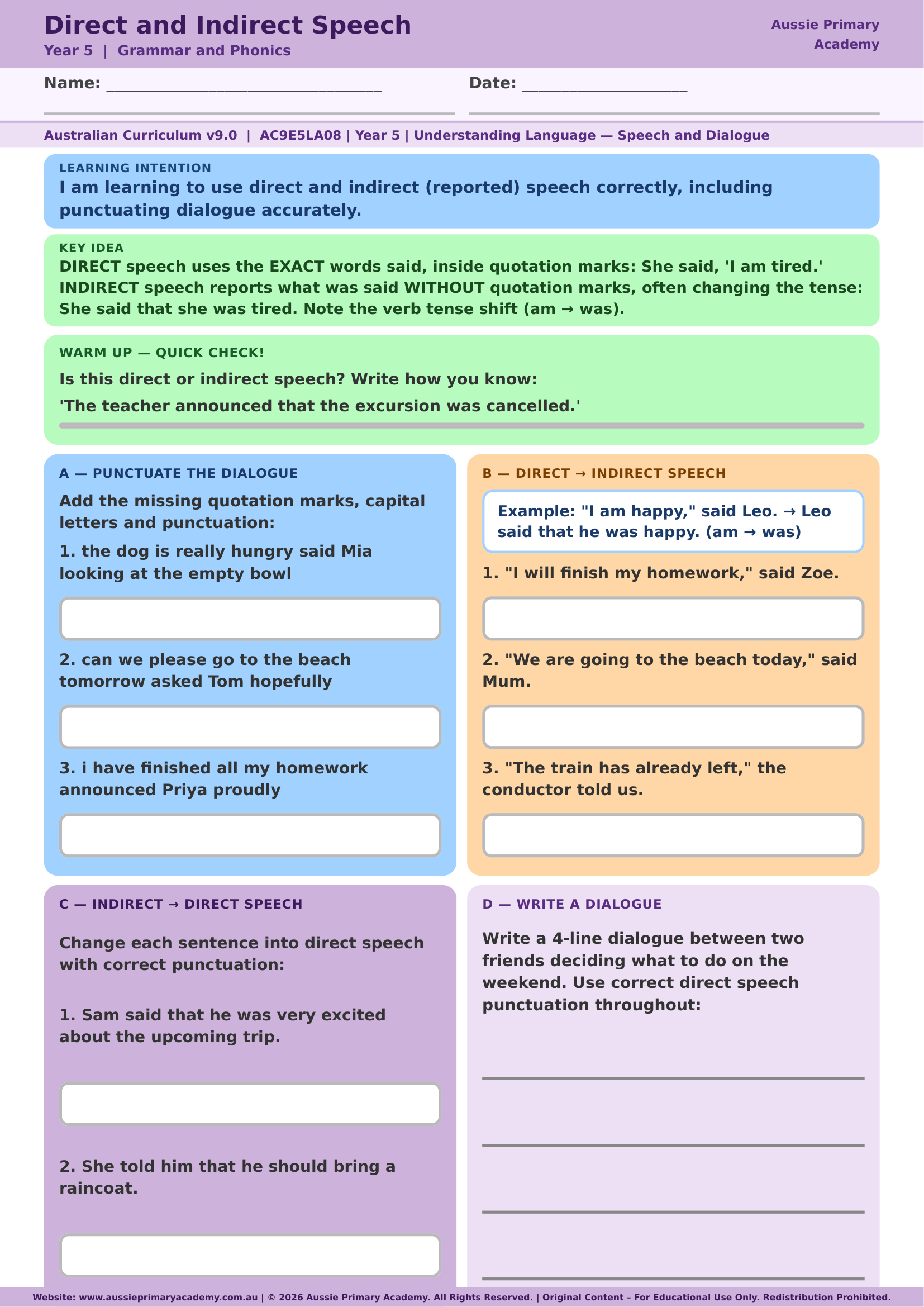 Direct and Indirect Speech Year 5 English worksheet preview