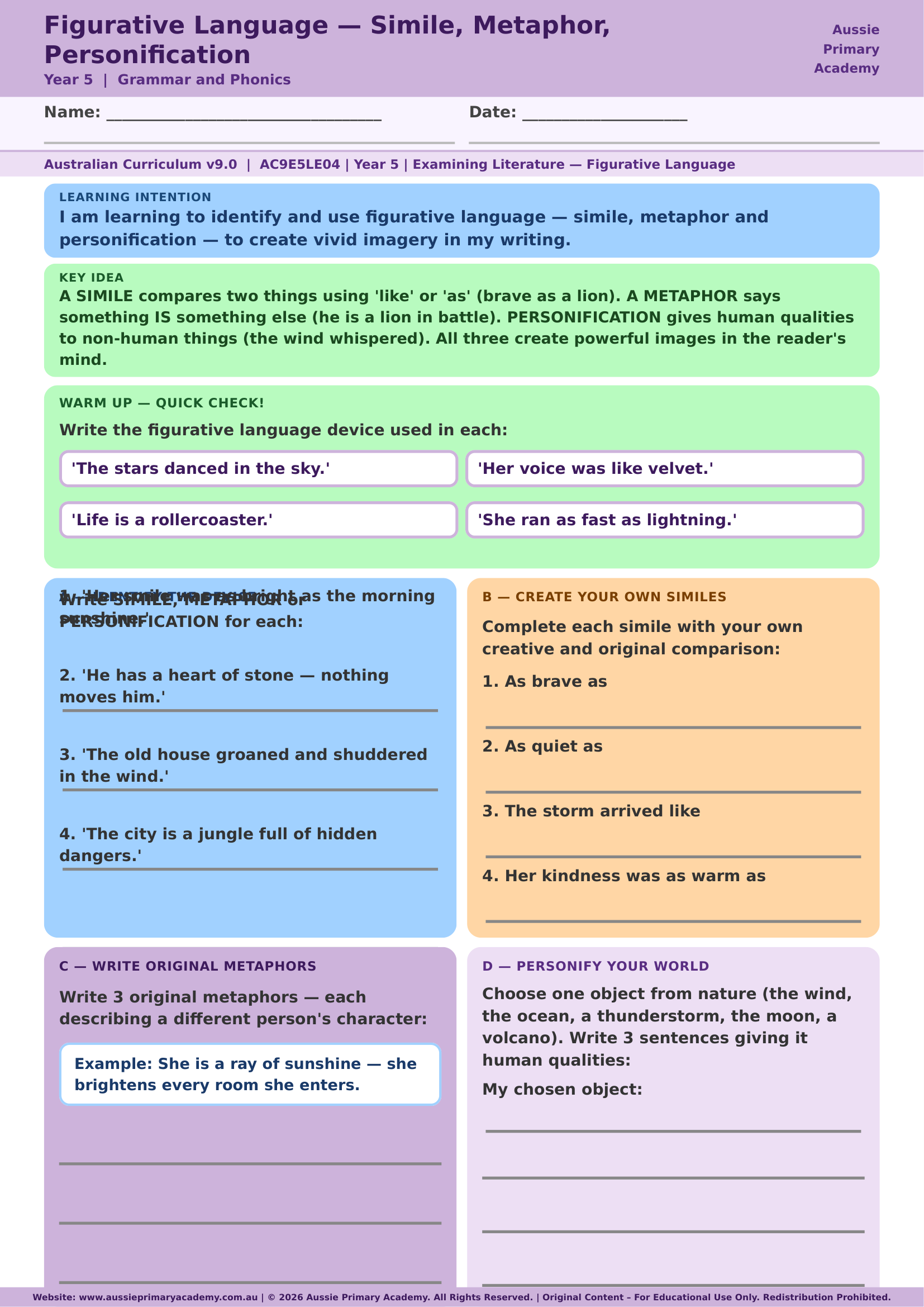 Figurative Language Grammar Ac9E5La08 Colour worksheet preview