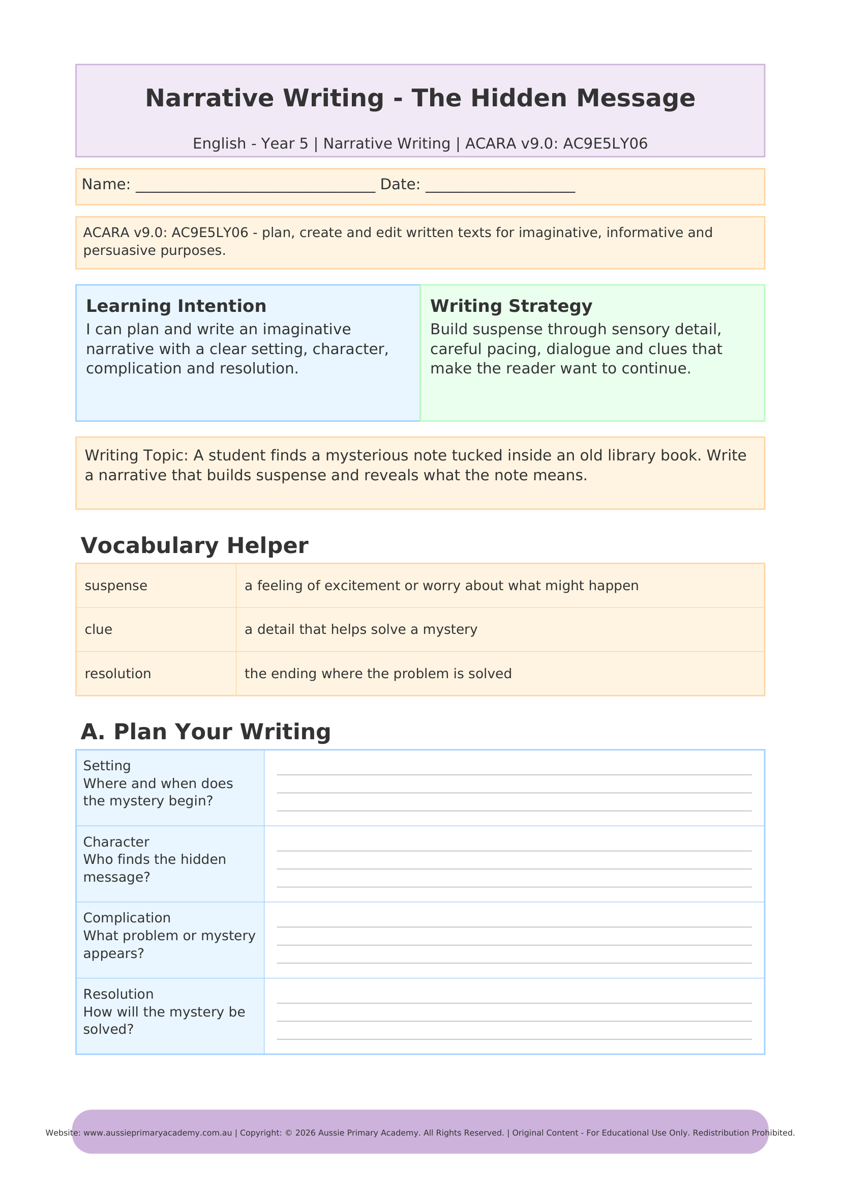 Narrative Mystery Writing worksheet preview