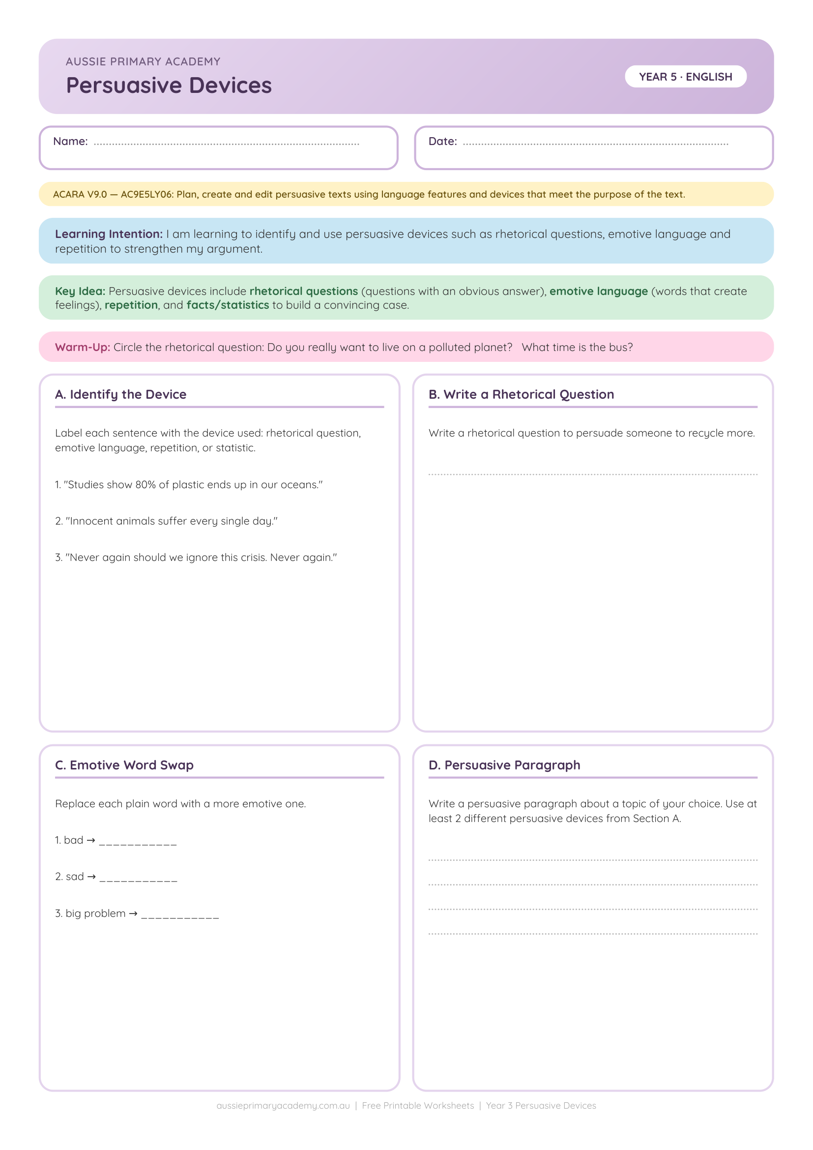 Persuasive Devices Year 5 English worksheet preview