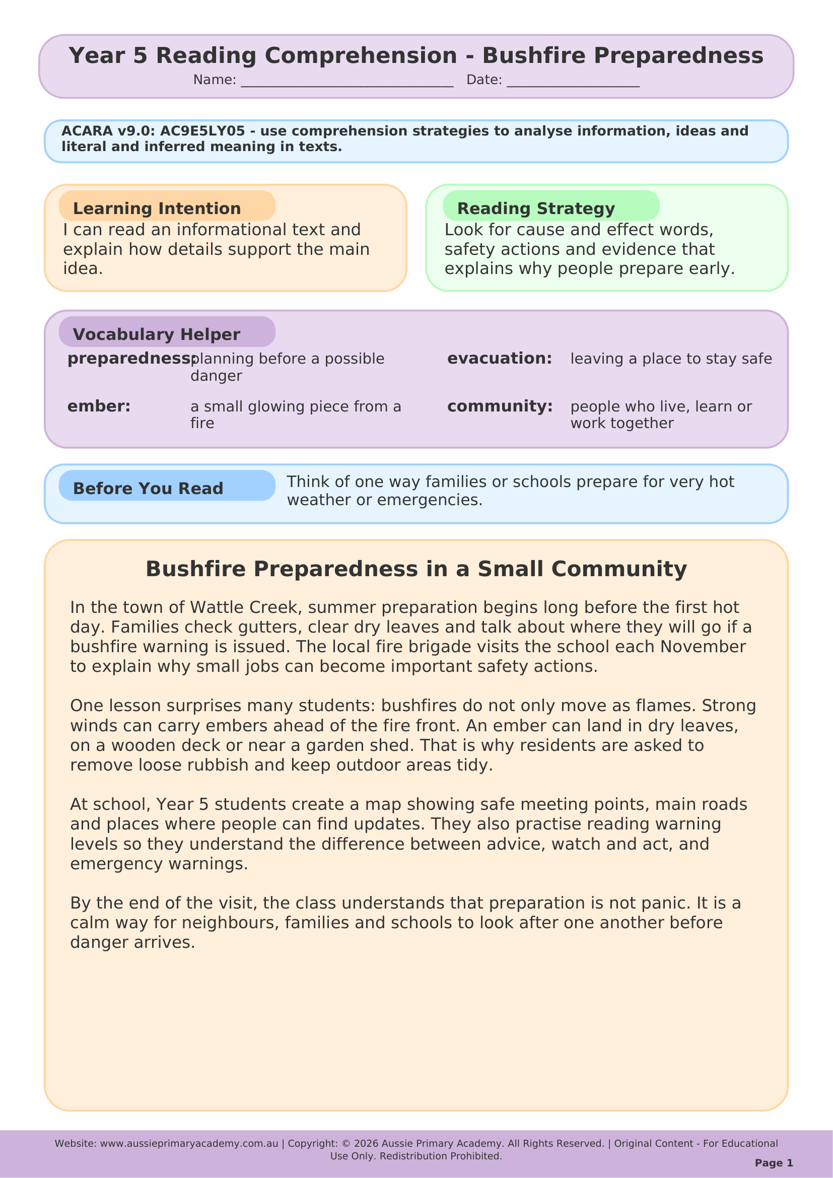 Bushfire Preparedness Year 5 English worksheet preview