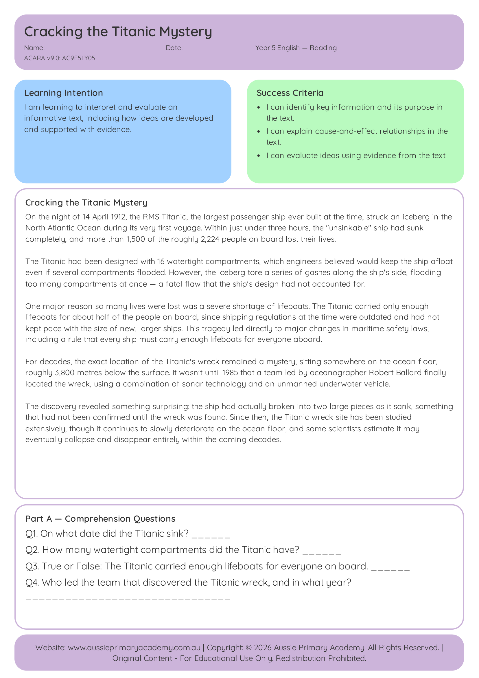 Cracking the Titanic Mystery Year 5 English worksheet preview