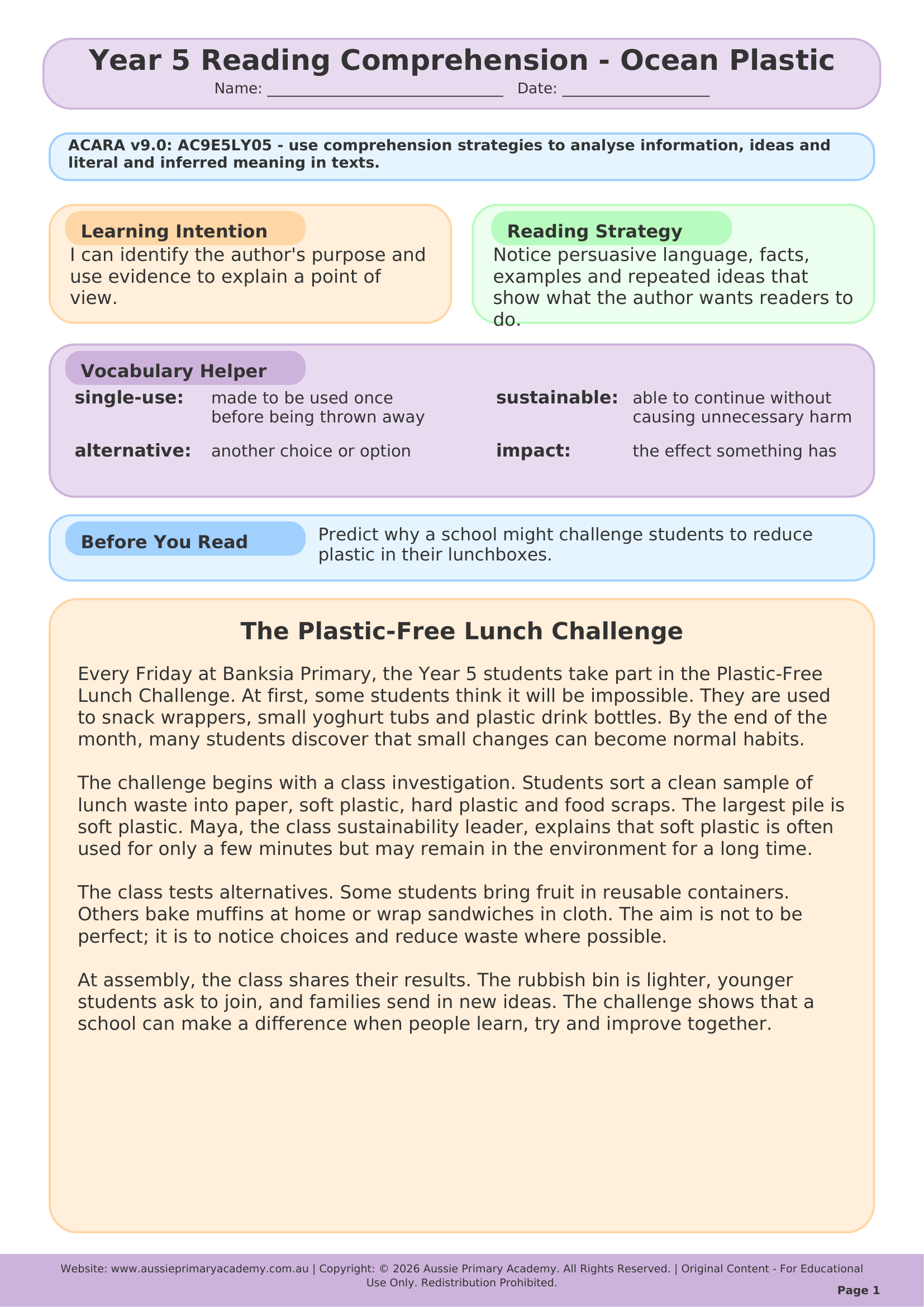 Reading Comprehension Ocean Plastic worksheet preview
