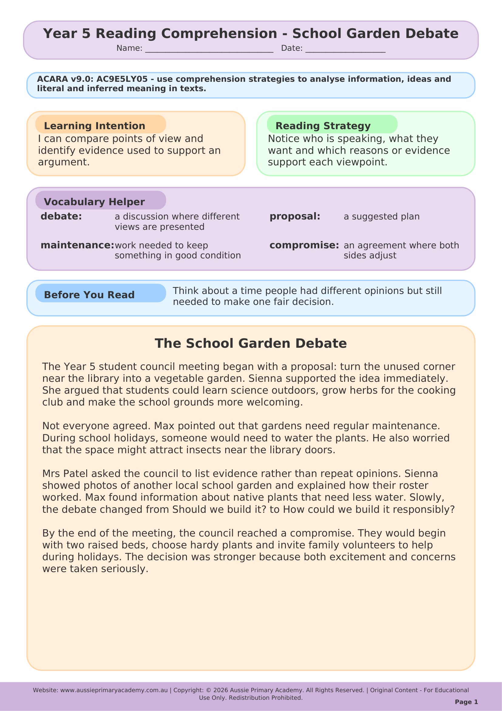 School Garden Debate Year 5 English worksheet preview