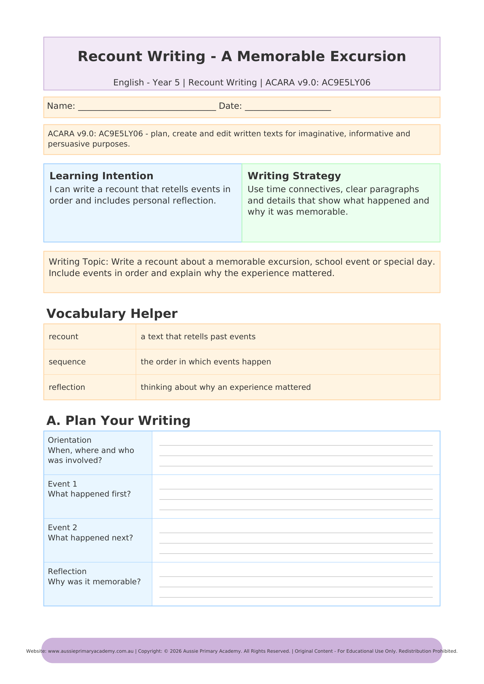 Recount Writing worksheet preview