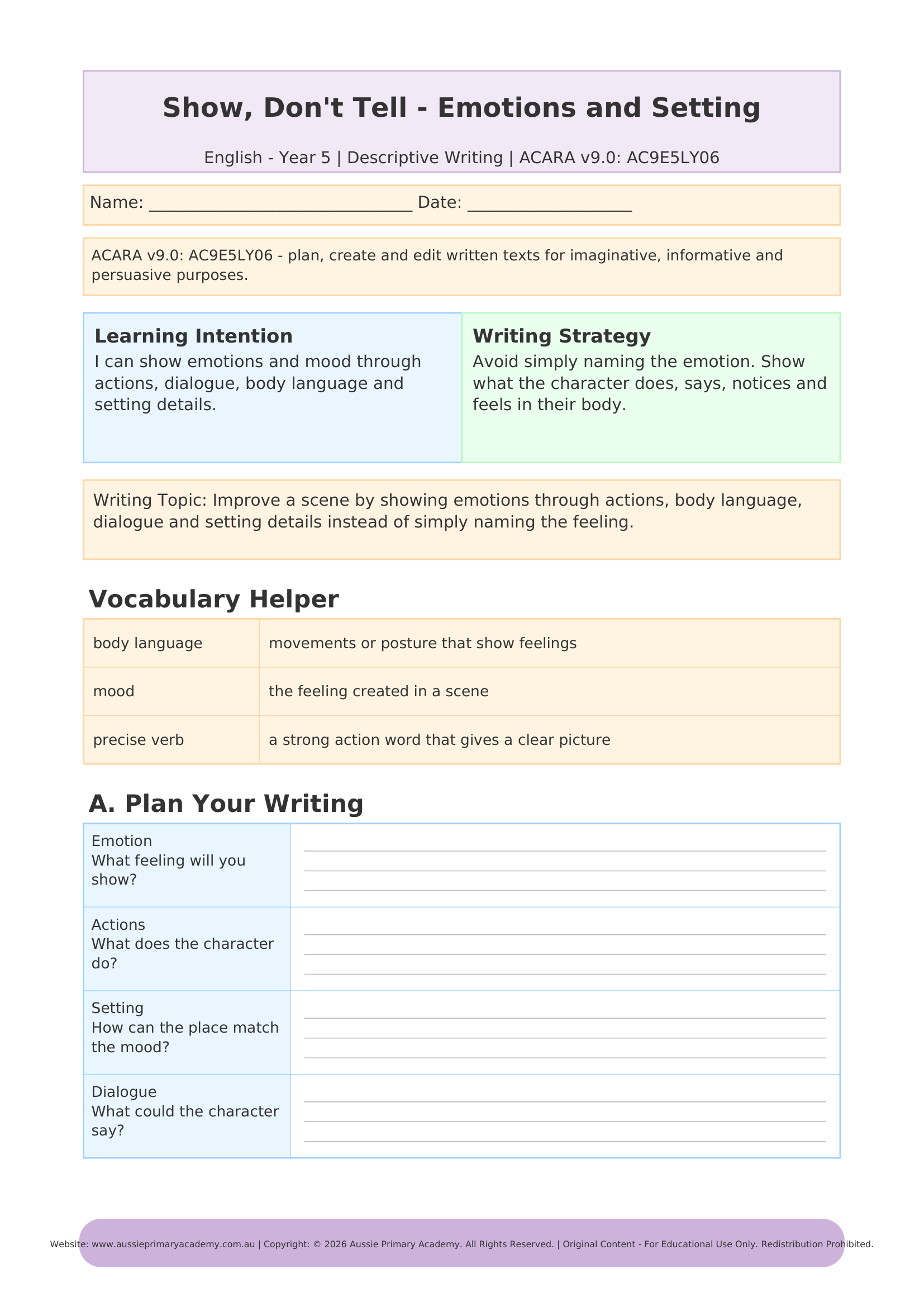 Show, Don't Tell: Emotions Year 5 English worksheet preview