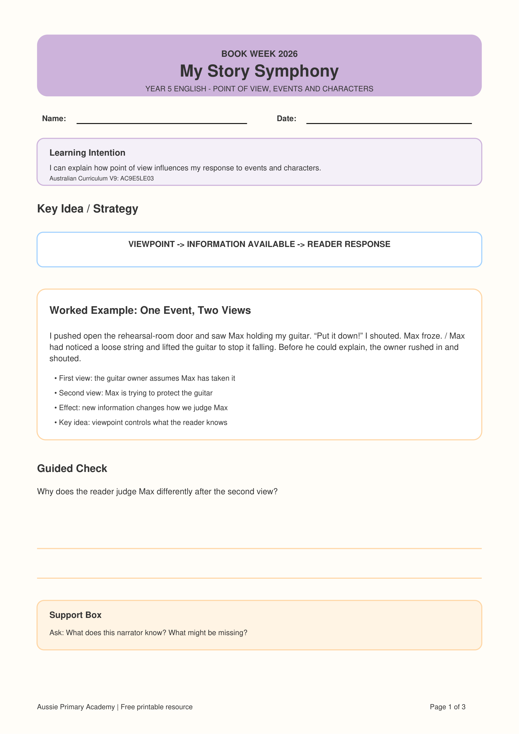 Story Elements Ac9E5Le03 Book Week worksheet preview