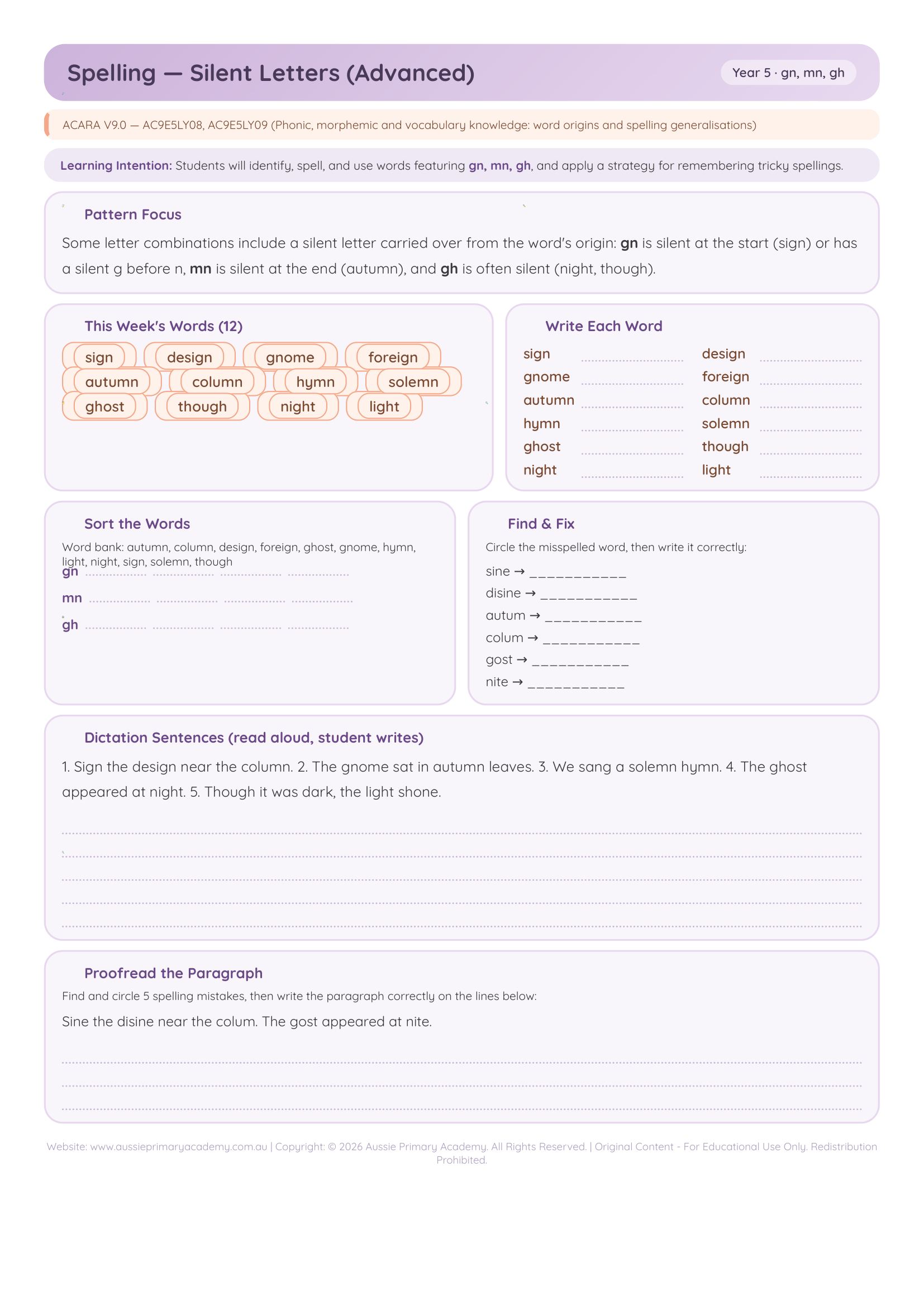Year 5 Silent Letters Advanced Preview