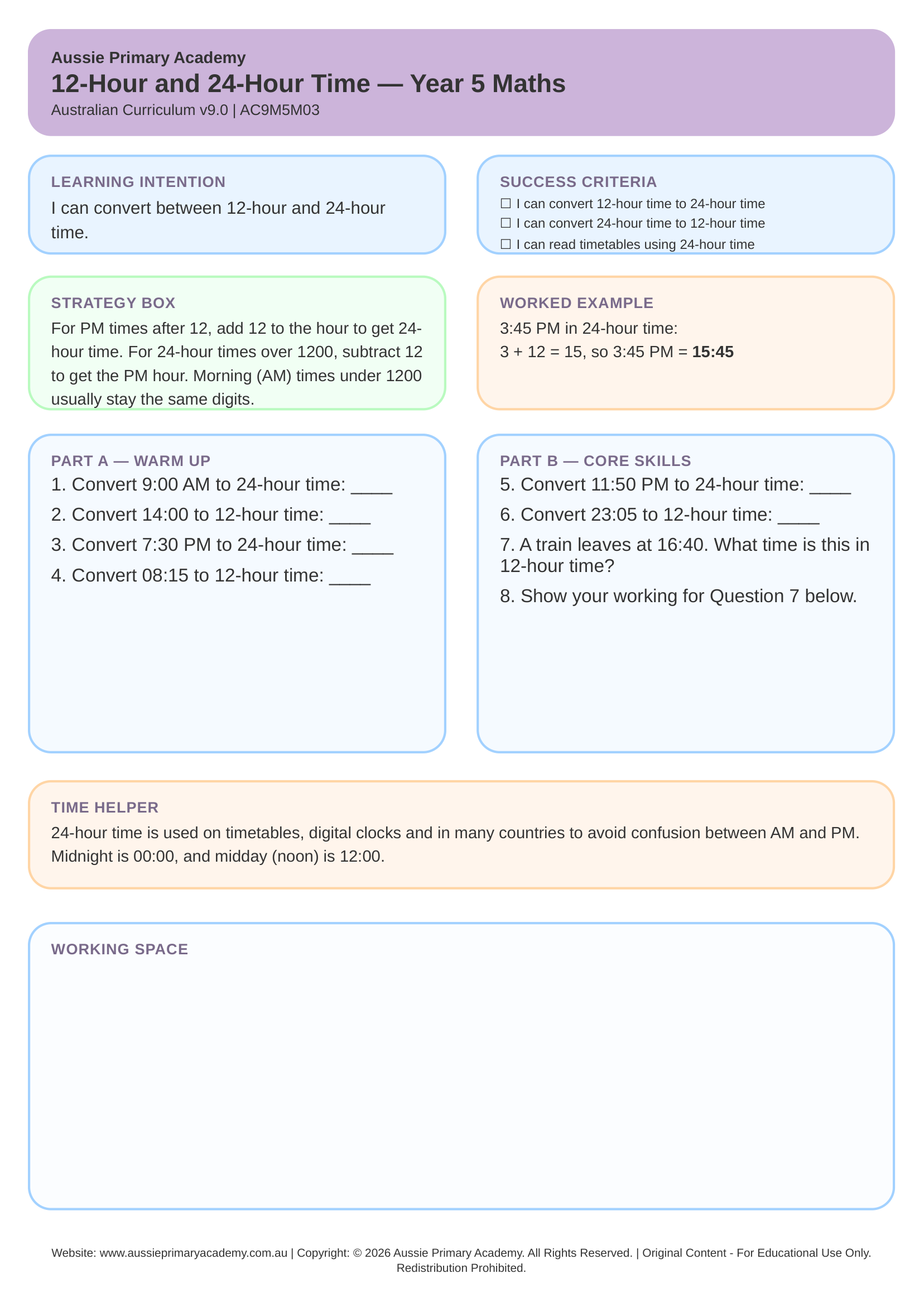 12 Hour And 24 Hour Time worksheet preview