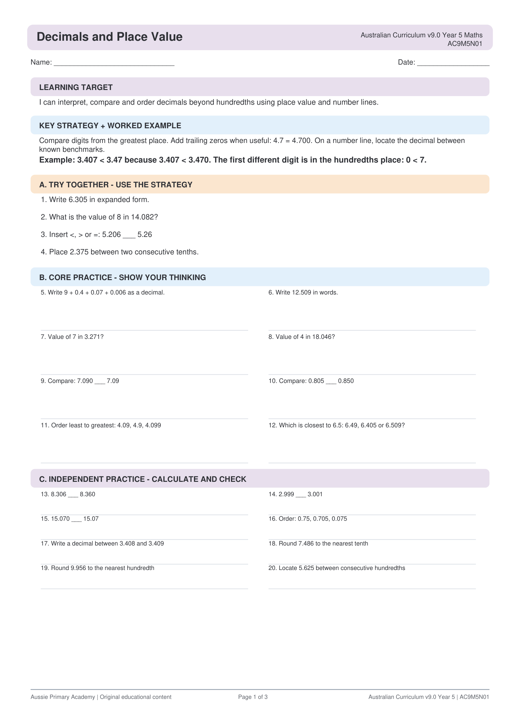 Year 5 Maths Decimals Place Value worksheet preview