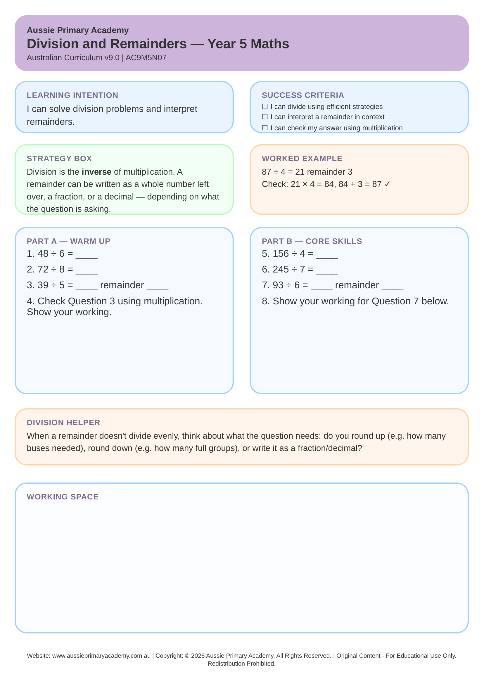 Division with Remainders Year 5 Maths worksheet preview