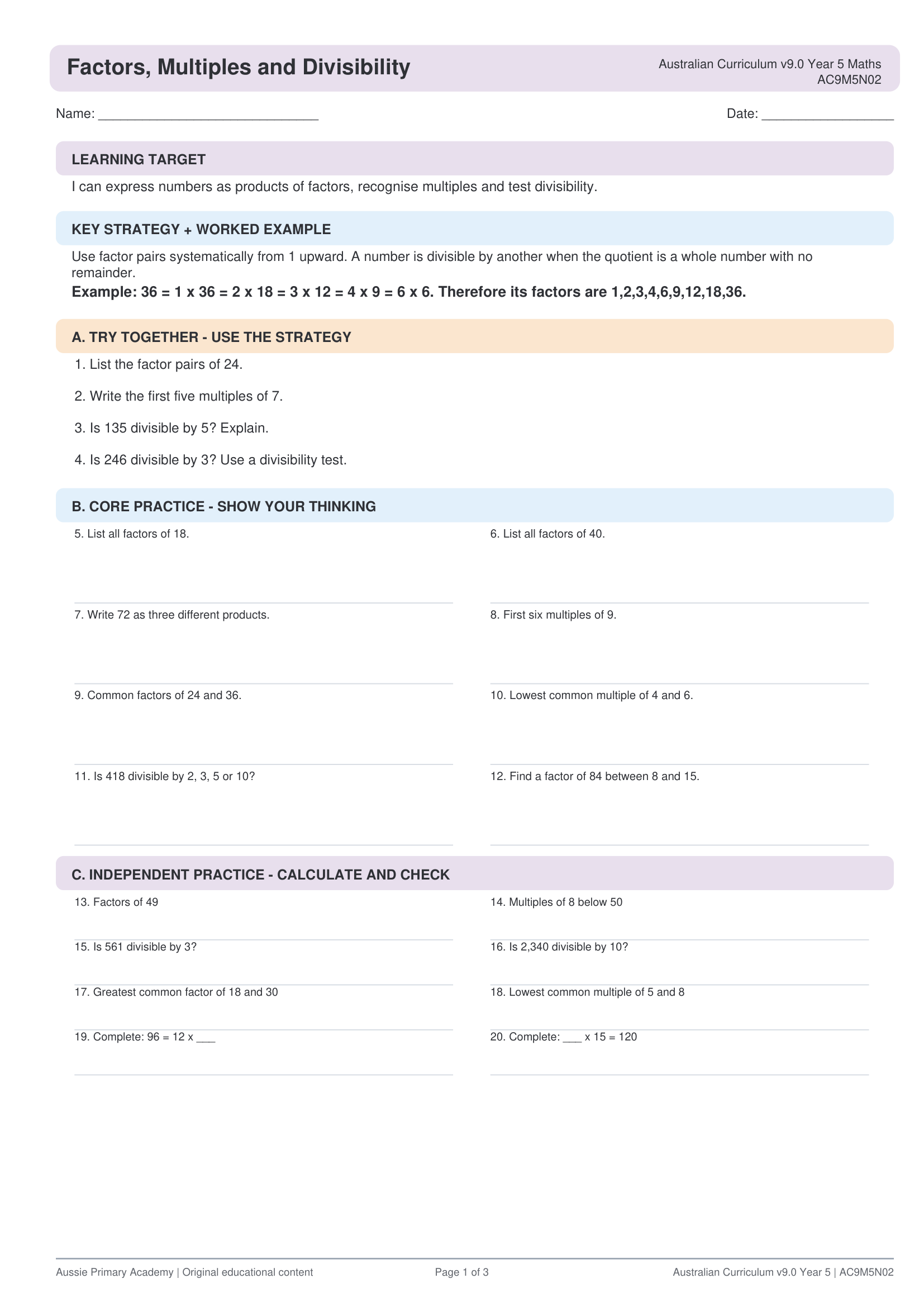 Factors Multiples Divisibility worksheet preview