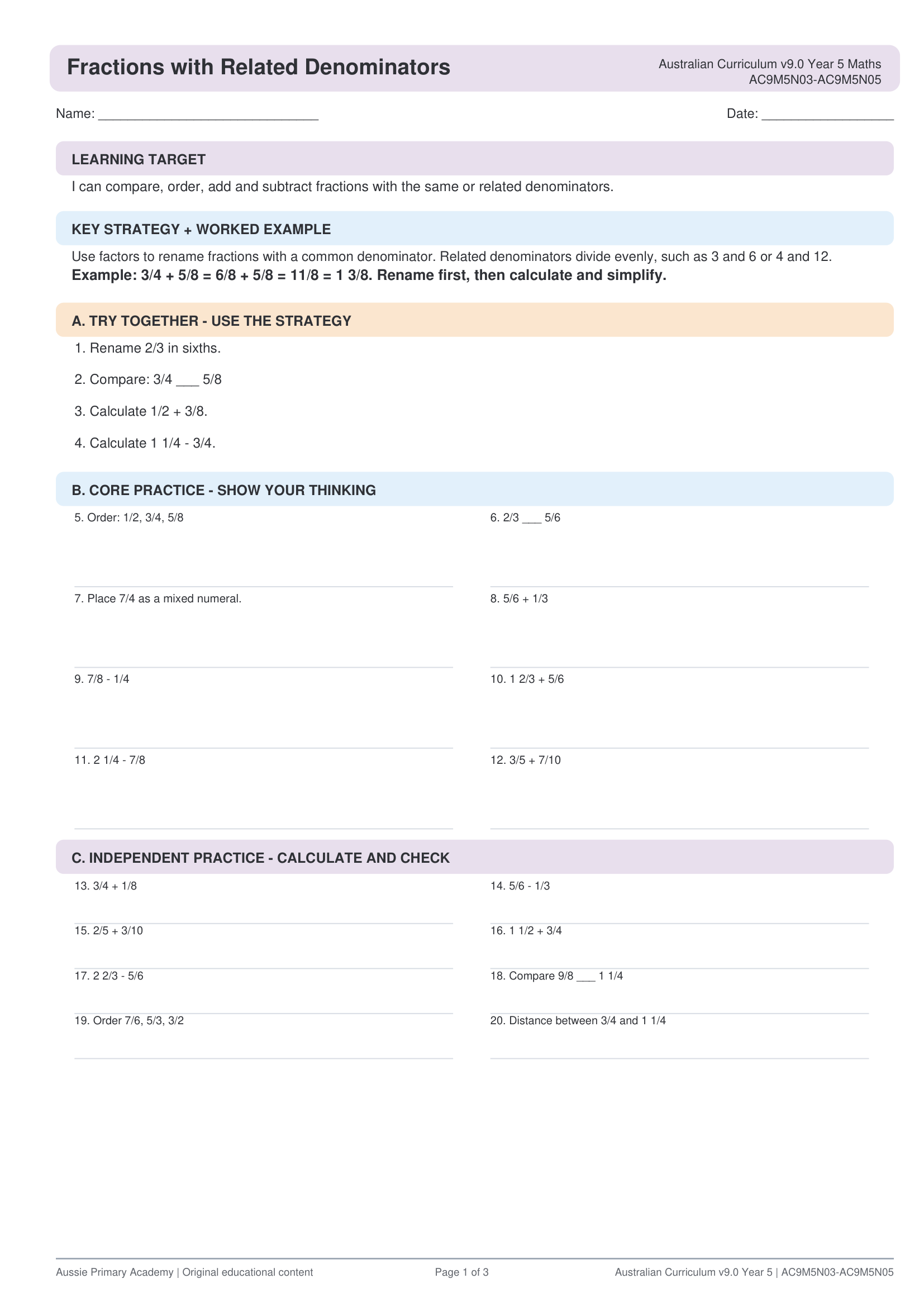 Fractions Related Denominators Ac9M5N03 worksheet preview