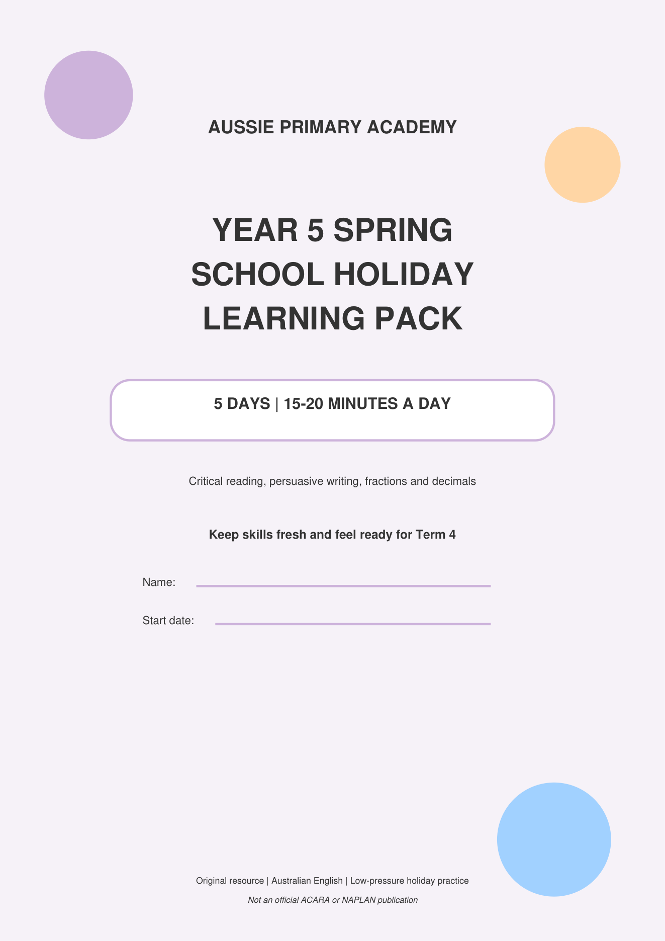 Year 5 Spring School Holiday Learning Pack worksheet preview