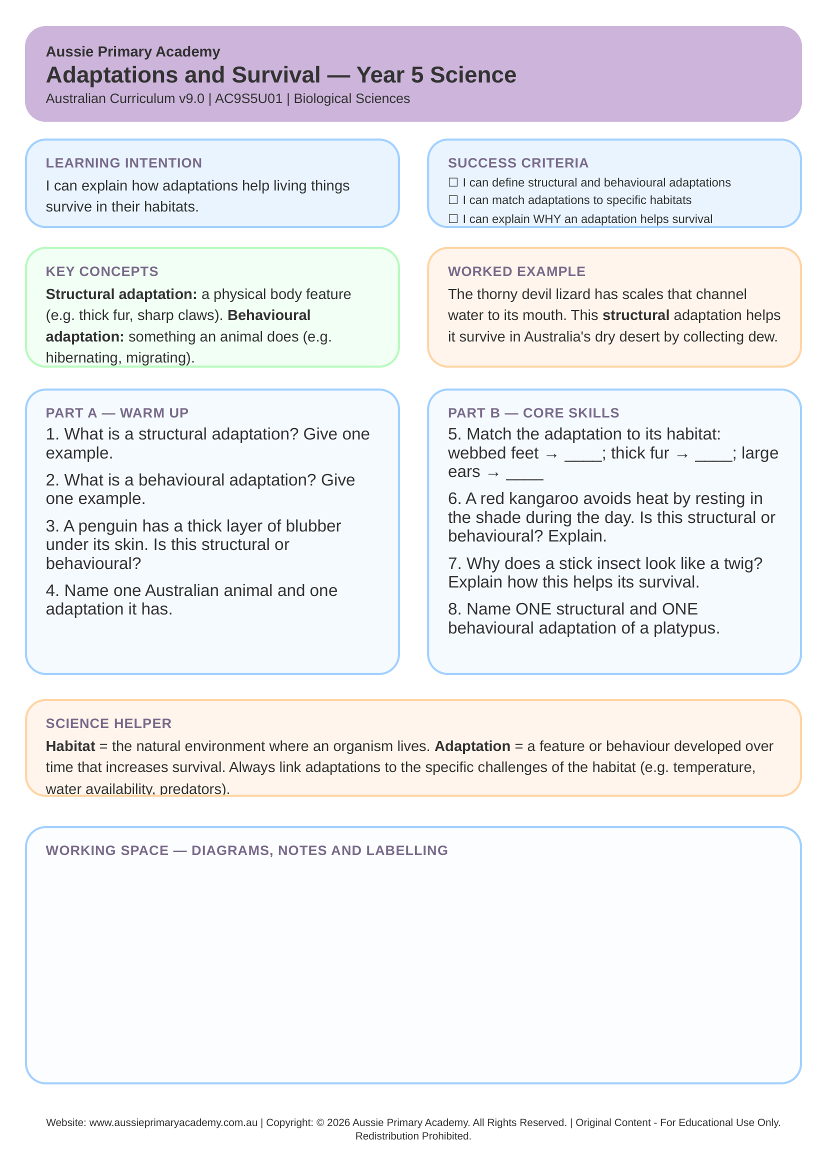 Adaptations and Survival Year 5 Science worksheet preview