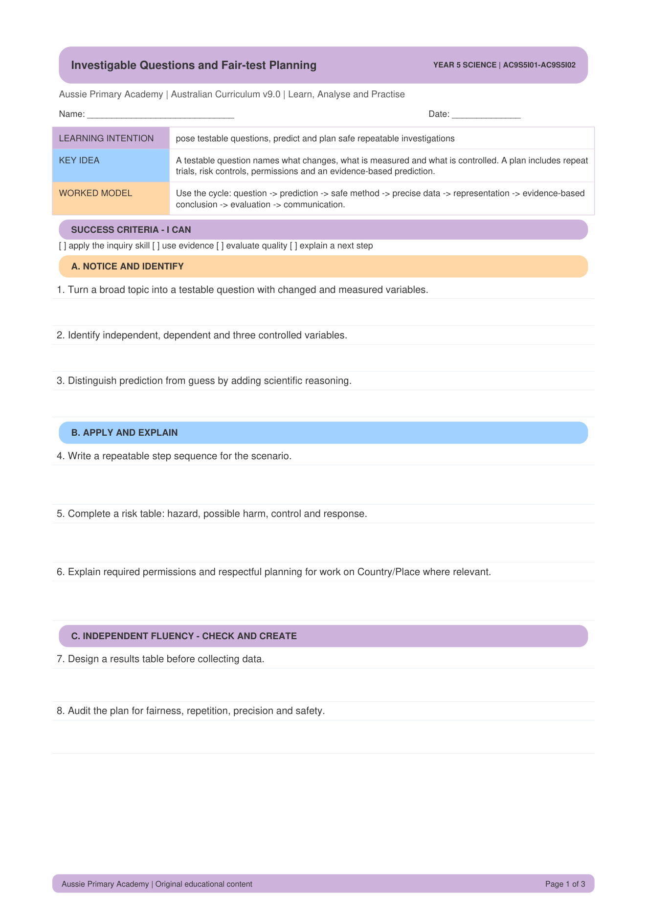 Investigable Questions and Fair Test Planning worksheet preview