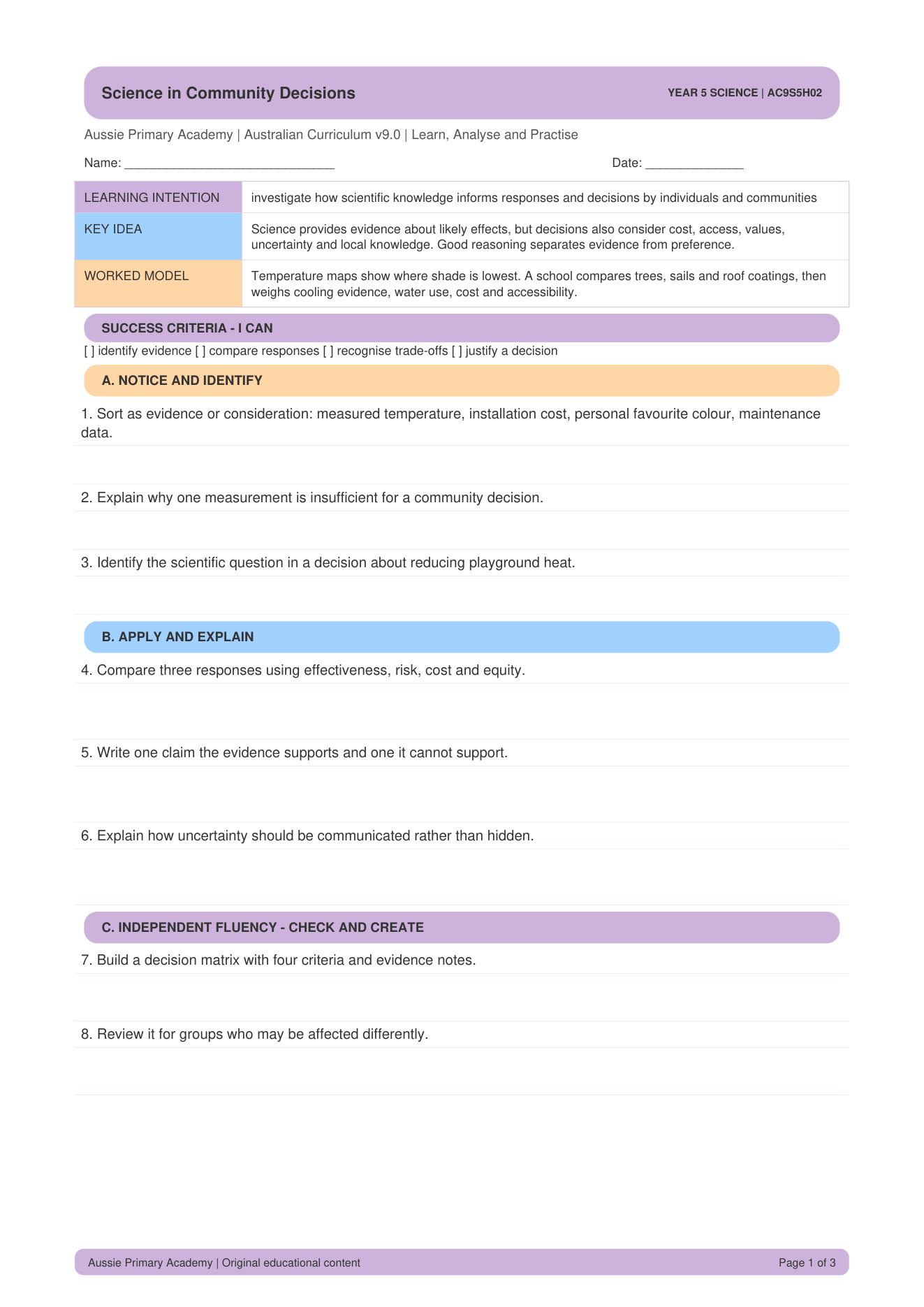 Scientific Knowledge and Community Decisions worksheet preview