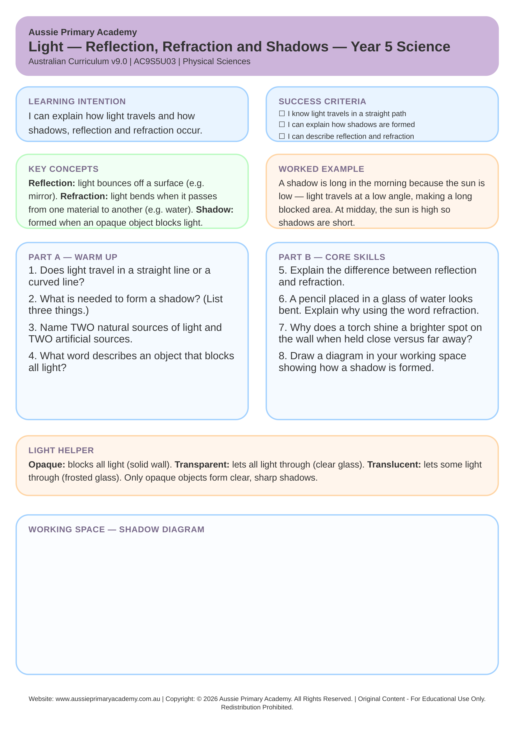 Light Reflection Refraction And Shadows worksheet preview