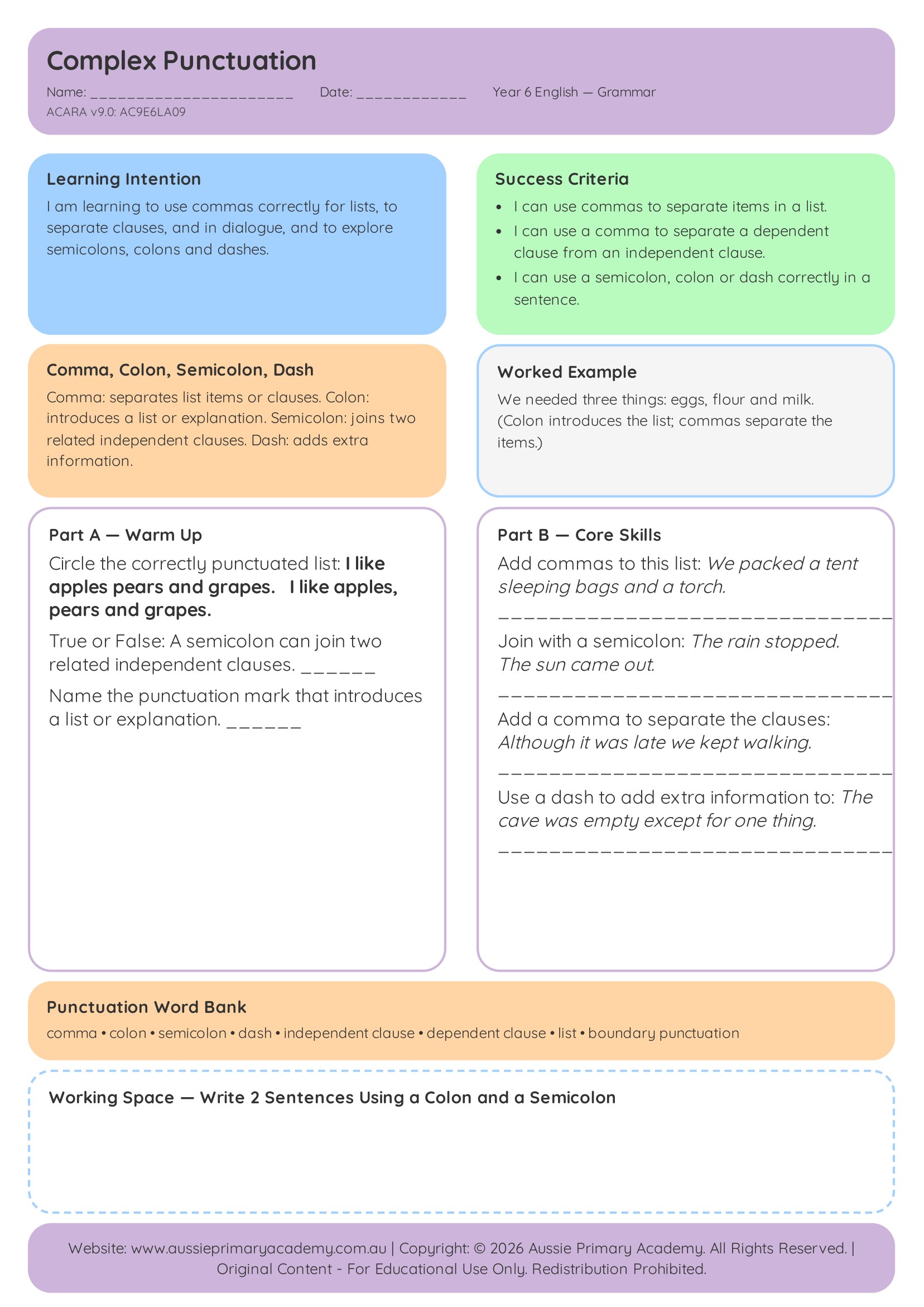 Complex Punctuation Pdf Colour With Answers worksheet preview