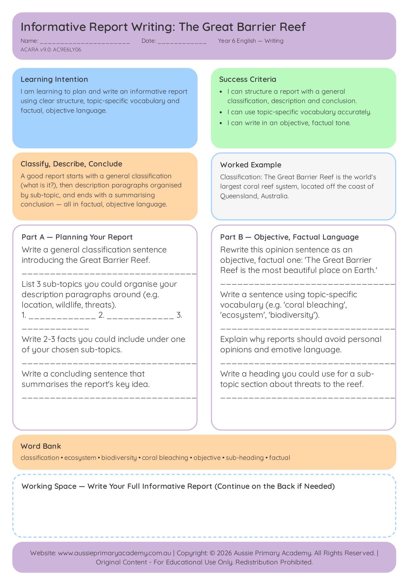 Informative Report Writing Great Barrier Reef Ac9E6Ly06 Colour worksheet preview
