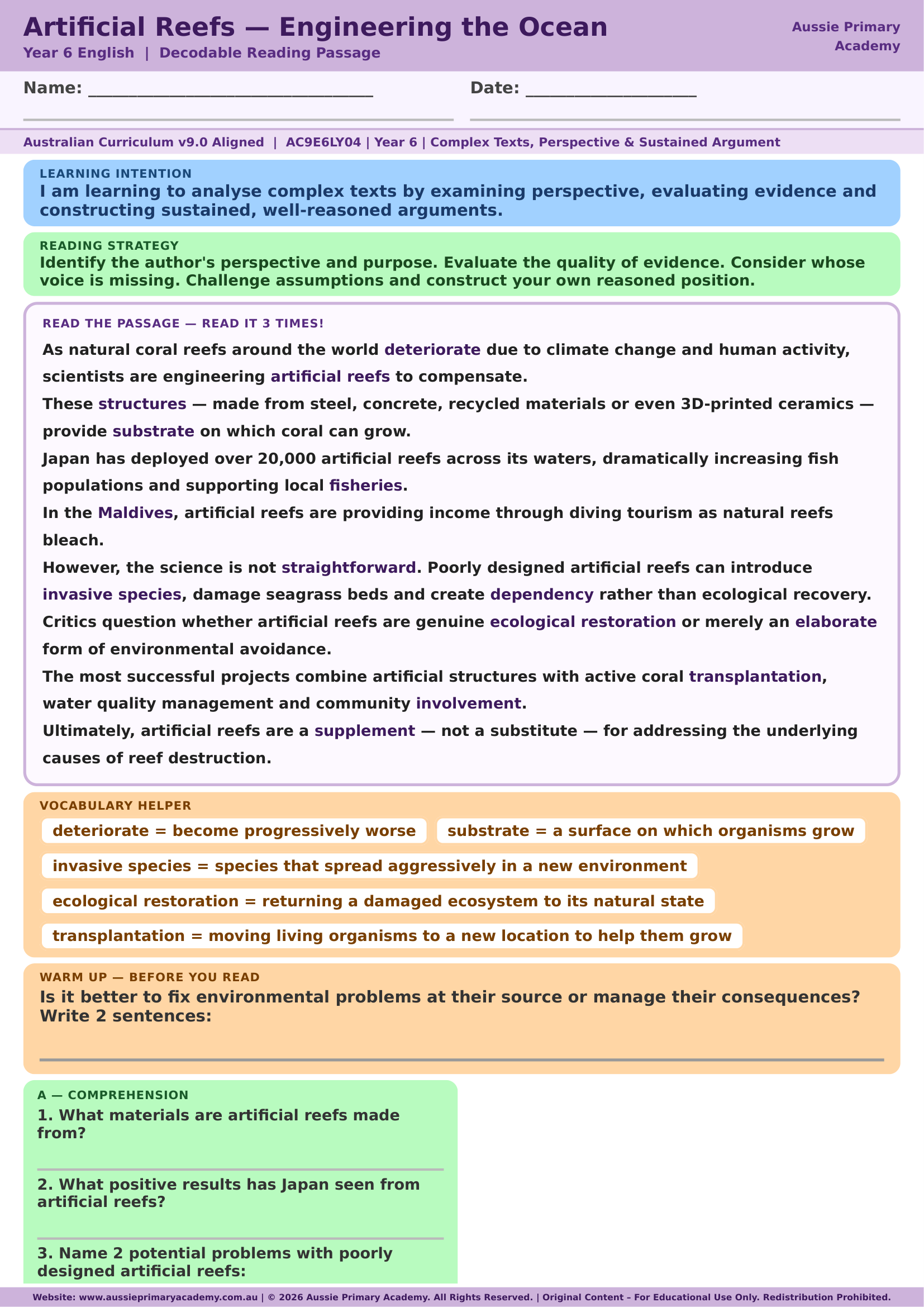 Reading Comprehension Artificial Reefs Ac9E6Ly04 Colour worksheet preview