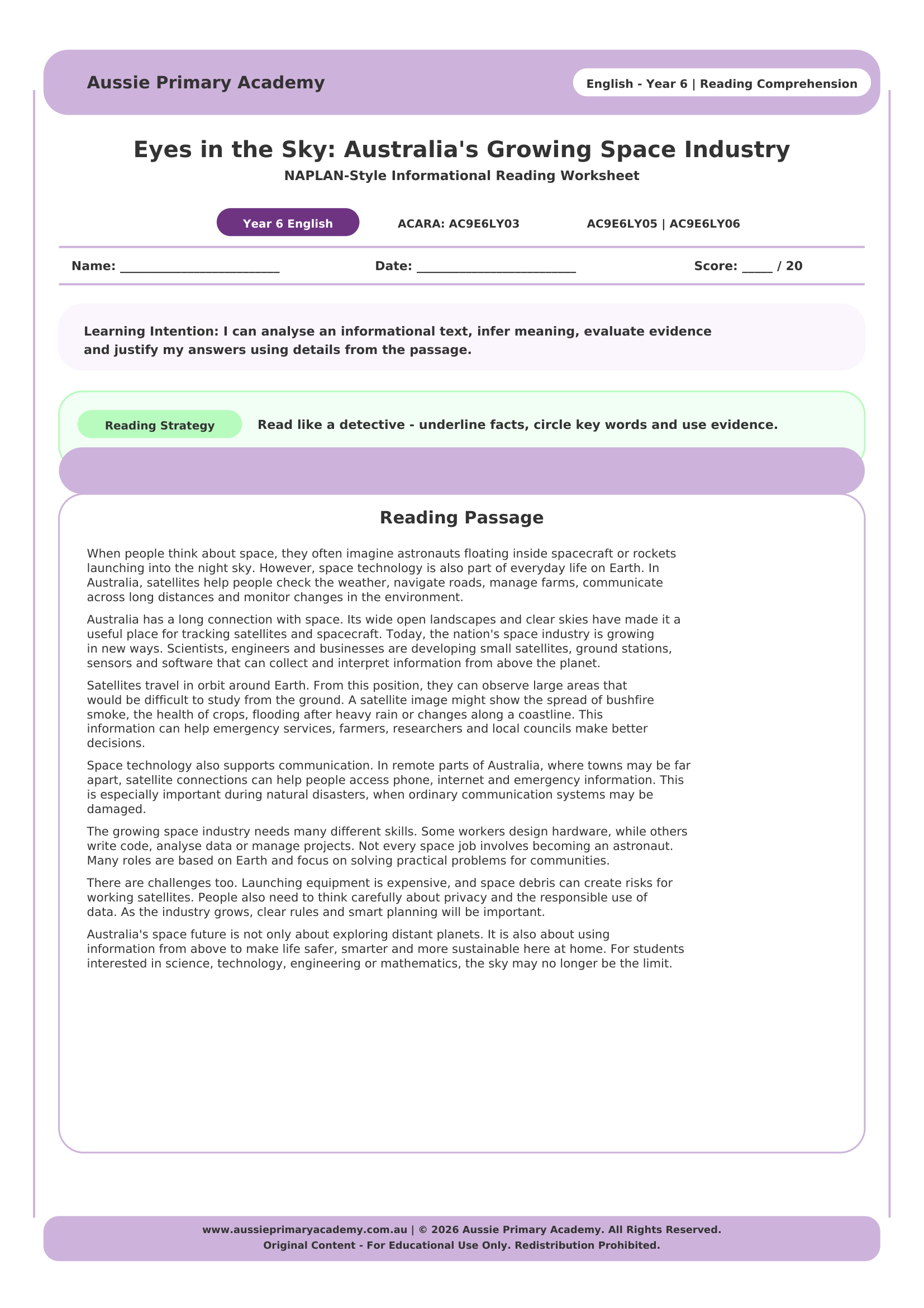 Reading Comprehension Australias Space Industry Ac9E6Ly03 Ac9E6Ly05 worksheet preview