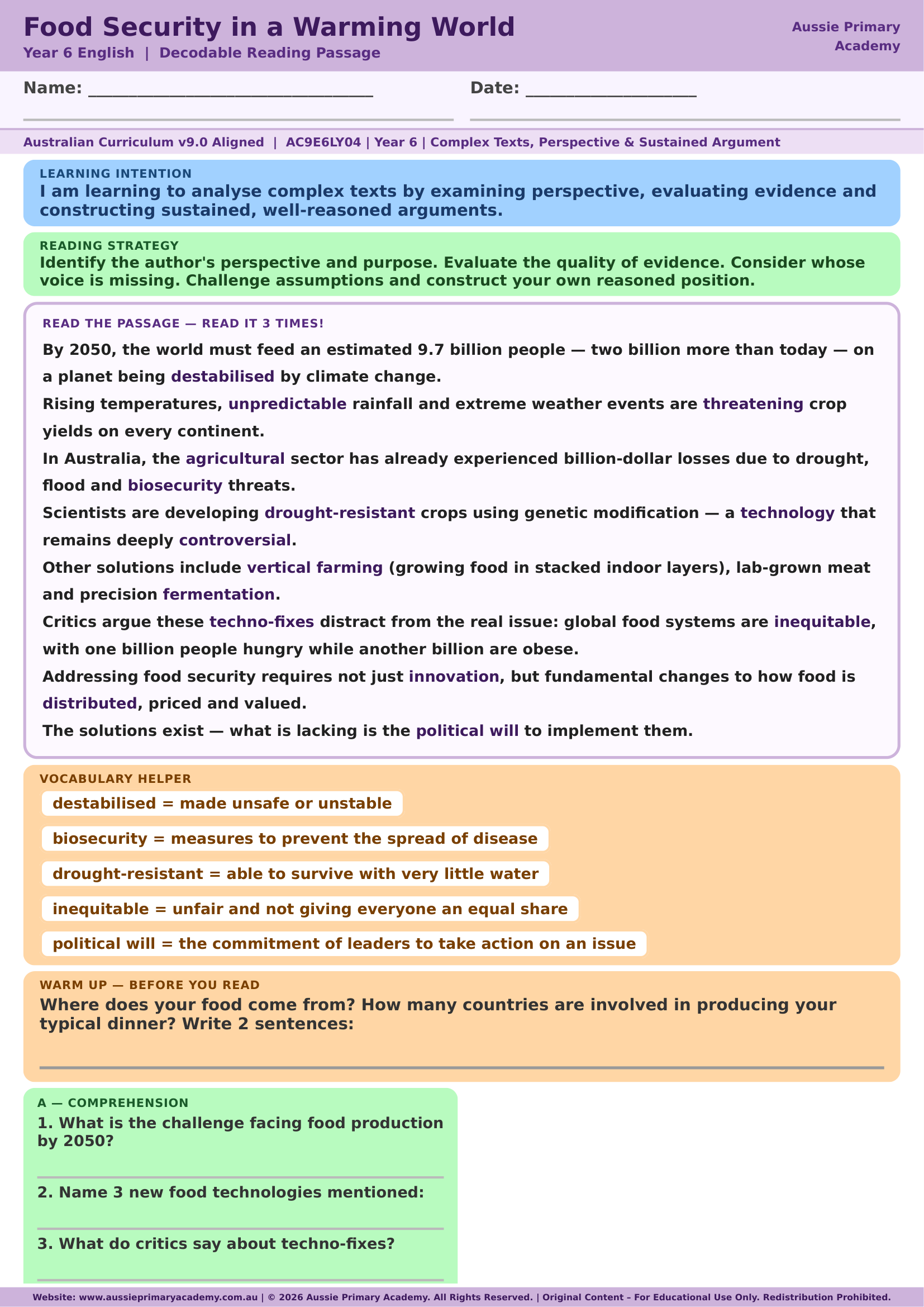 Reading Comprehension Food Security Ac9E6Ly04 Colour worksheet preview