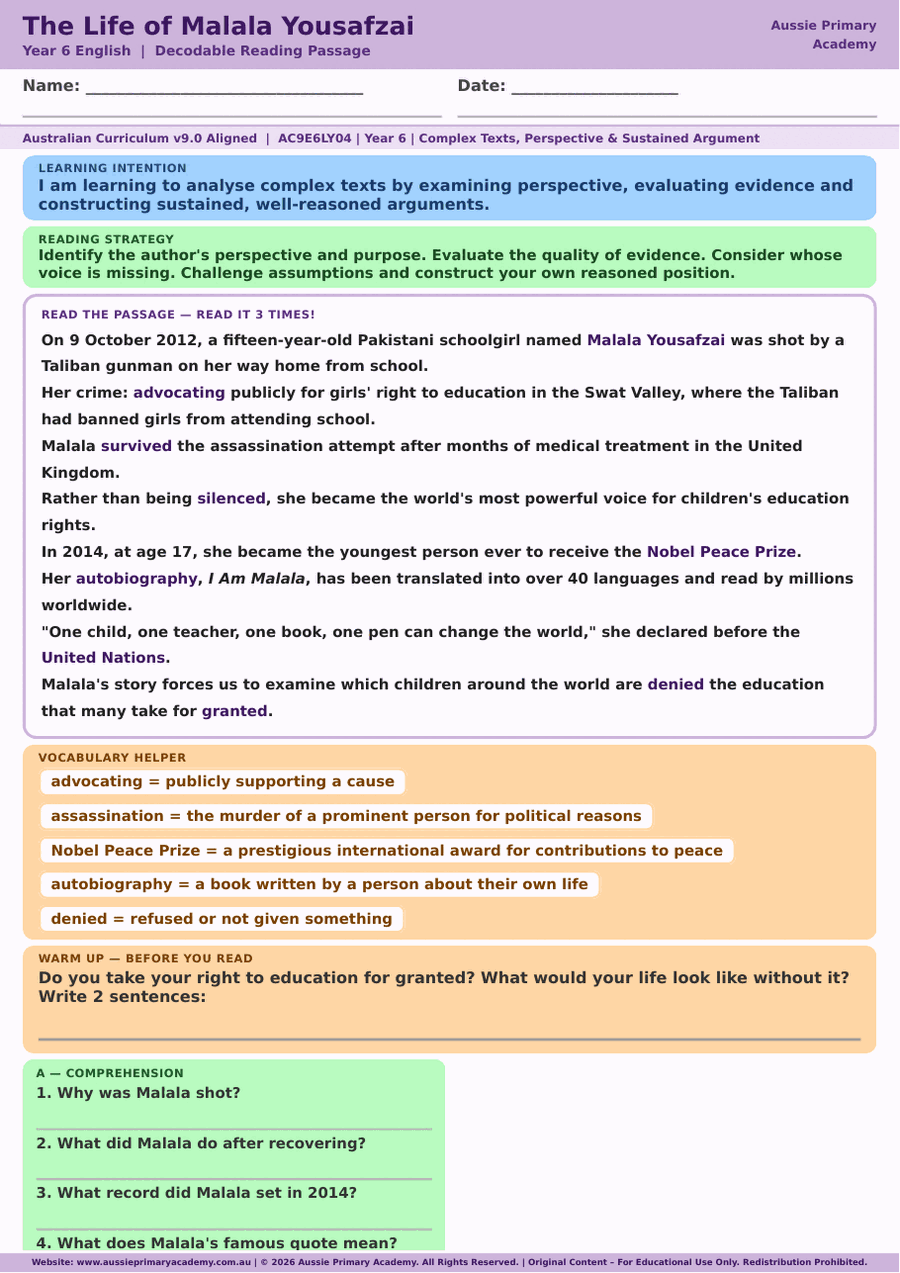 Reading Comprehension Malala Yousafzai Ac9E6Ly04 Colour worksheet preview