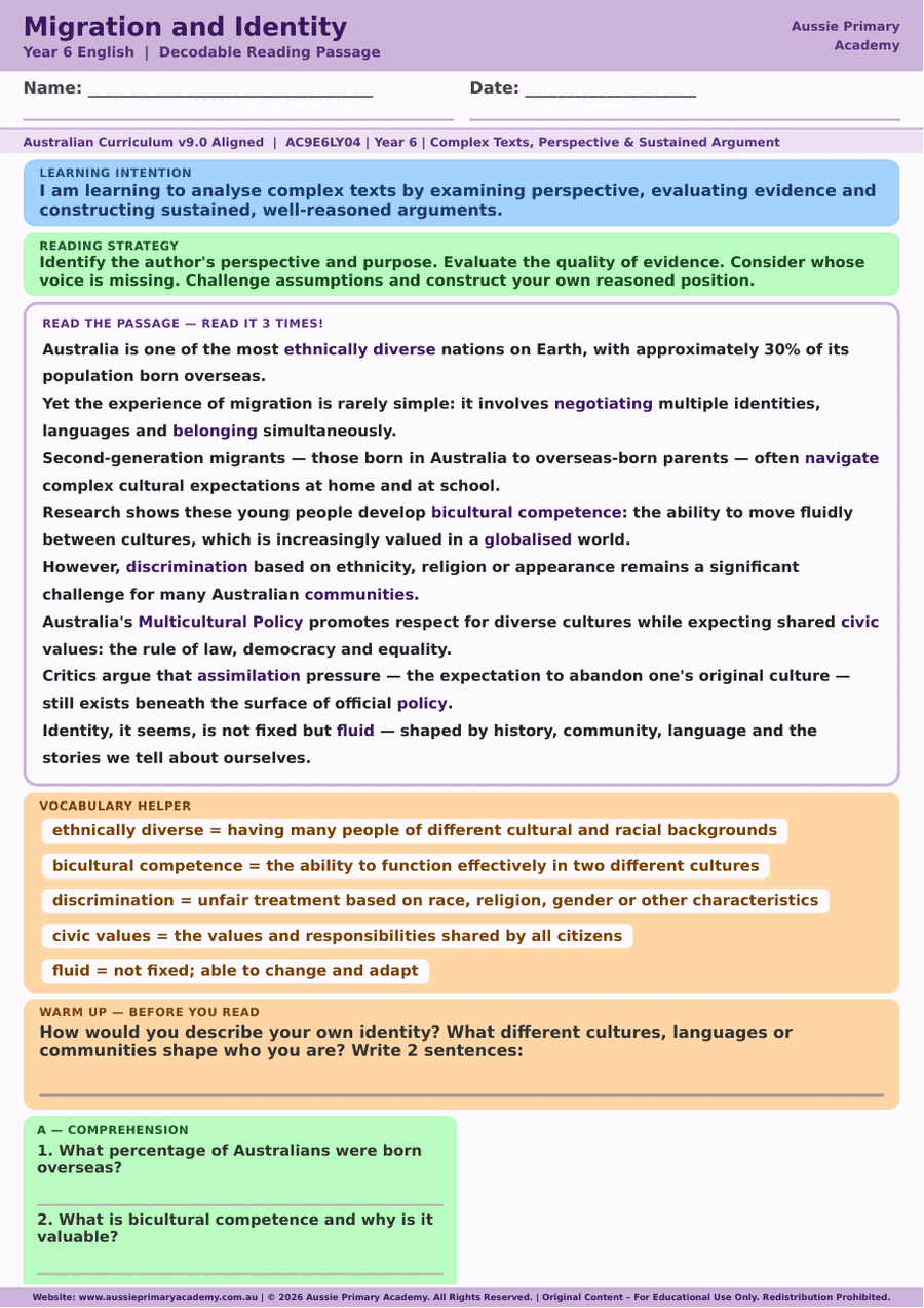 Reading Comprehension Migration And Identity Ac9E6Ly04 Colour worksheet preview
