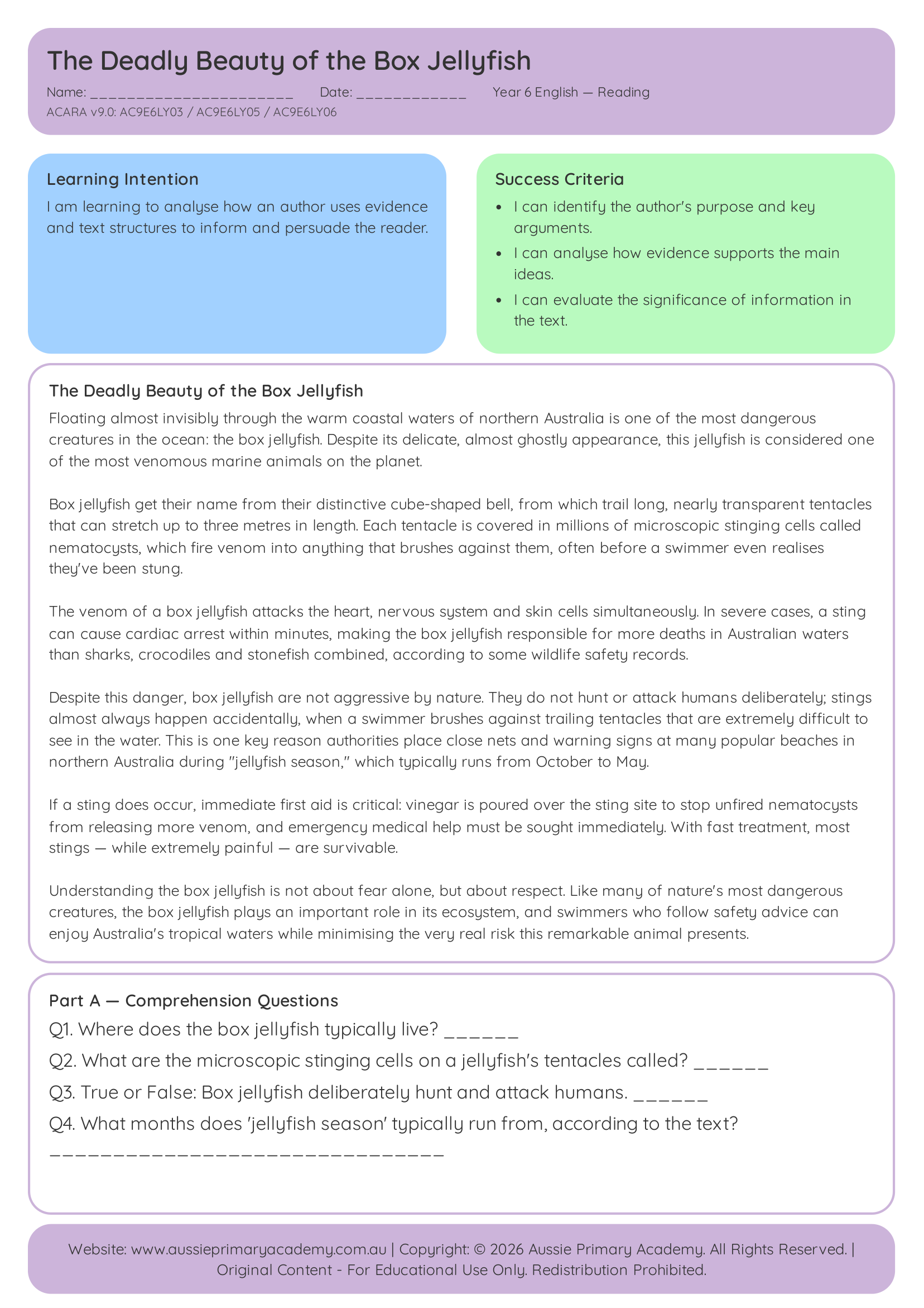 Reading Comprehension The Deadly Beauty Of The Box Jellyfish Ac9E6Ly03 Ac9E6Ly05 Ac9E6Ly06 Colour worksheet preview