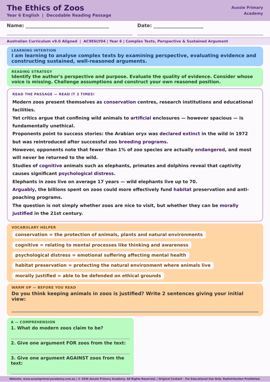 Year 6 The Ethics of Zoos reading comprehension worksheet preview