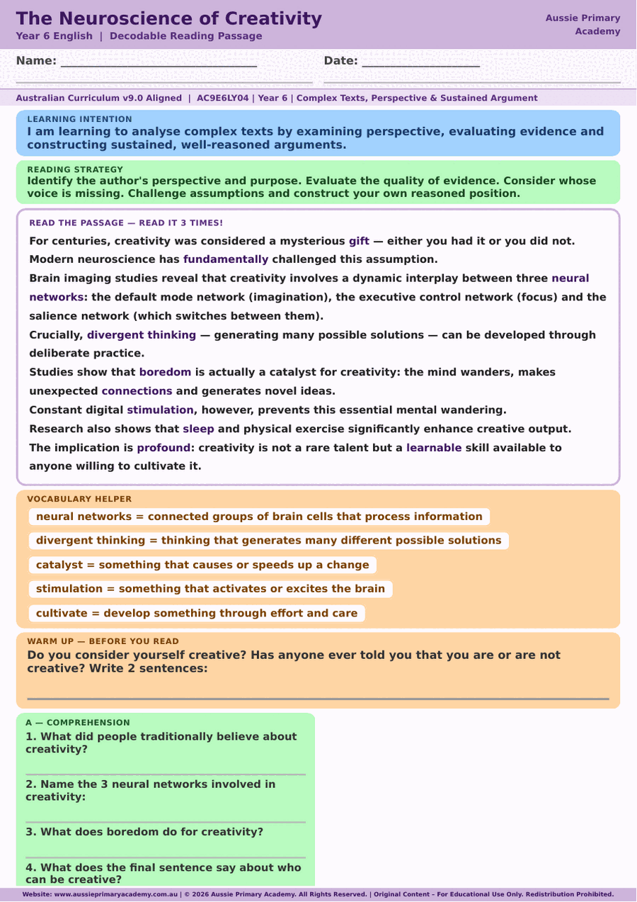 Year 6 The Neuroscience of Creativity reading comprehension worksheet preview
