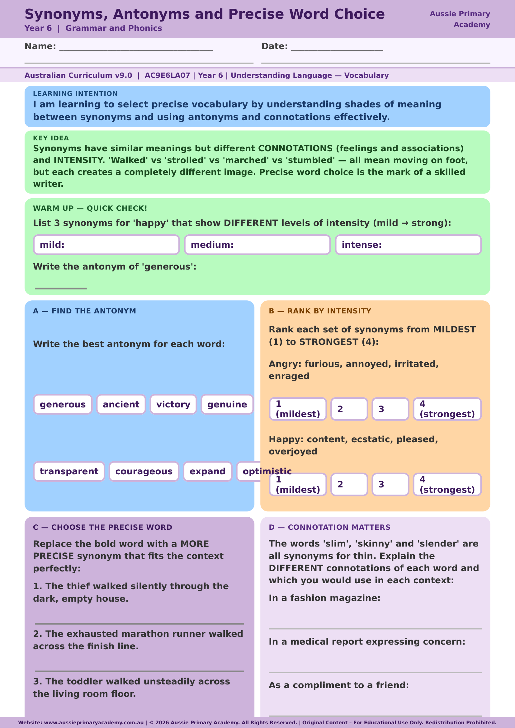 Synonyms Antonyms And Precise Word Choice Ac9E6La07 Colour worksheet preview