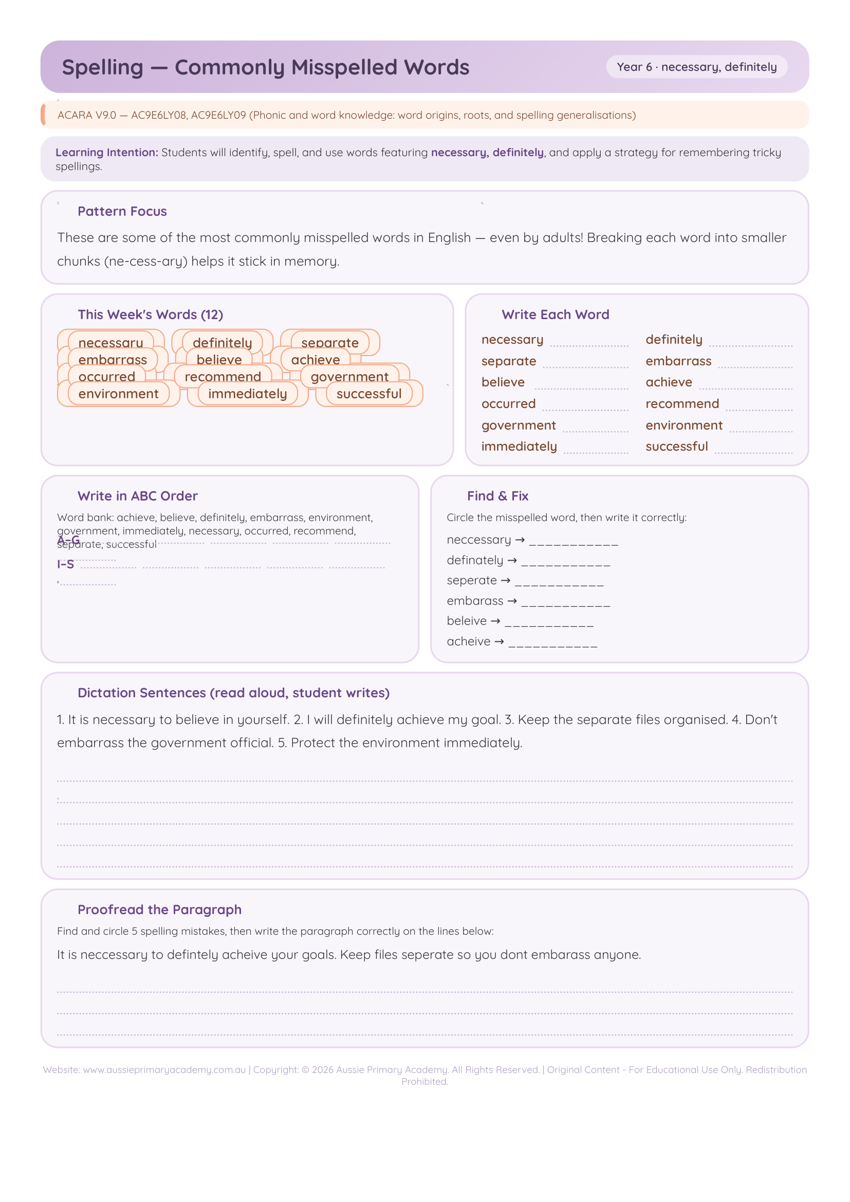 Spelling Commonly Misspelled Words worksheet preview