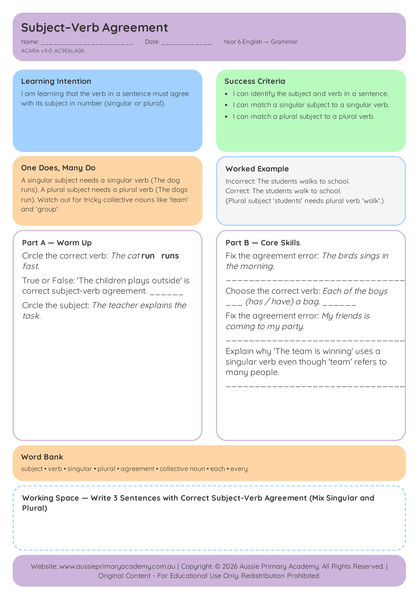Subject Verb Agreement Pdf Colour With Answers worksheet preview