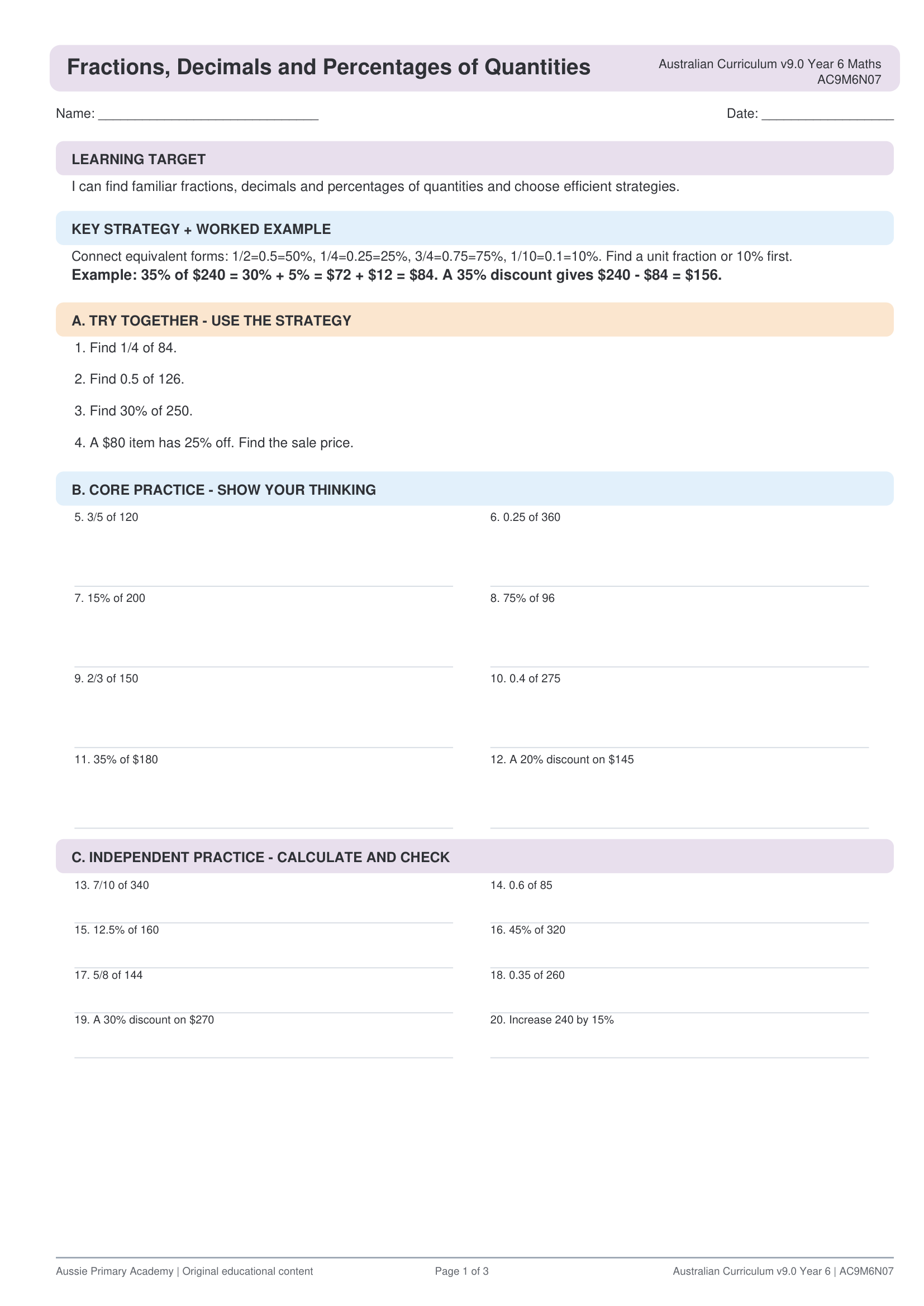 Fractions Decimals Percentages Quantities worksheet preview