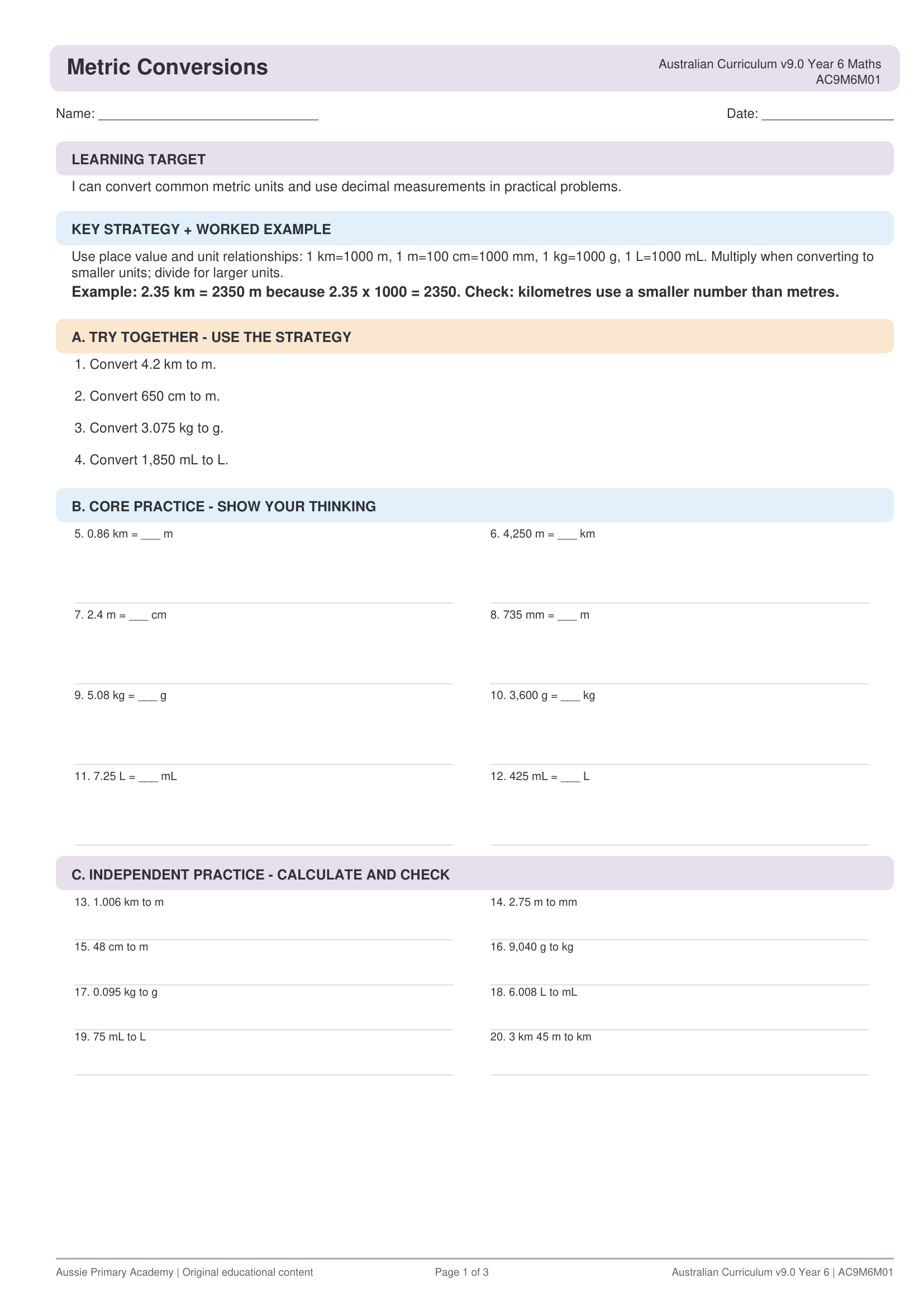 Year 6 Maths Metric Conversions worksheet preview