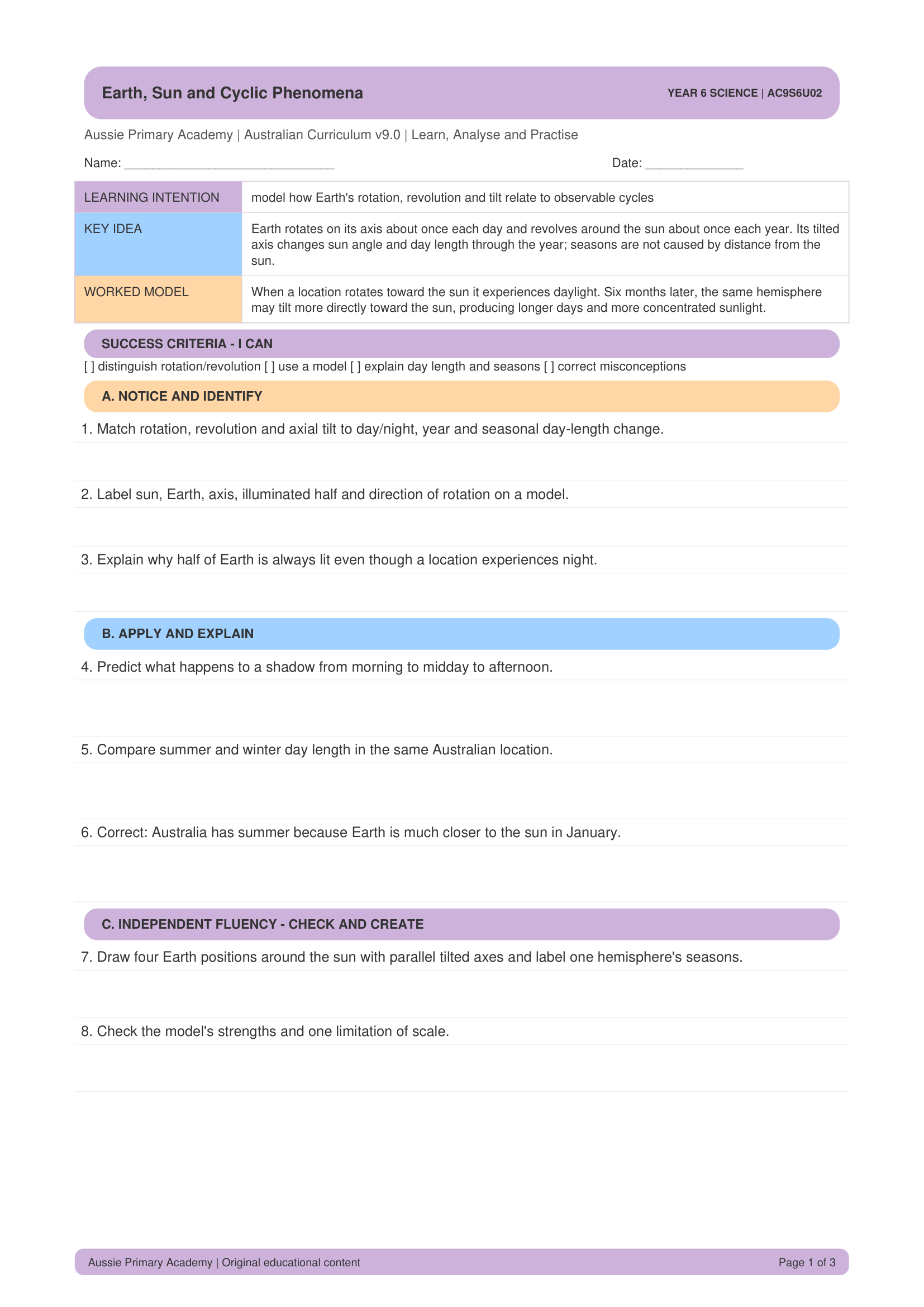Year 6 Earth Sun Planets and Cyclic Phenomena Science worksheet preview