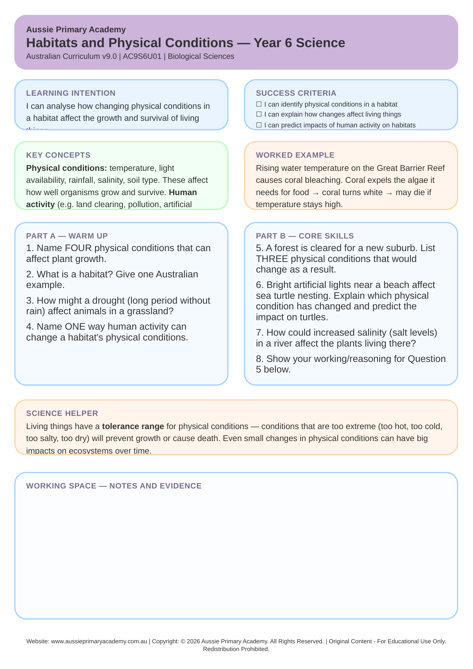 Year 6 Habitats and Physical Conditions worksheet preview