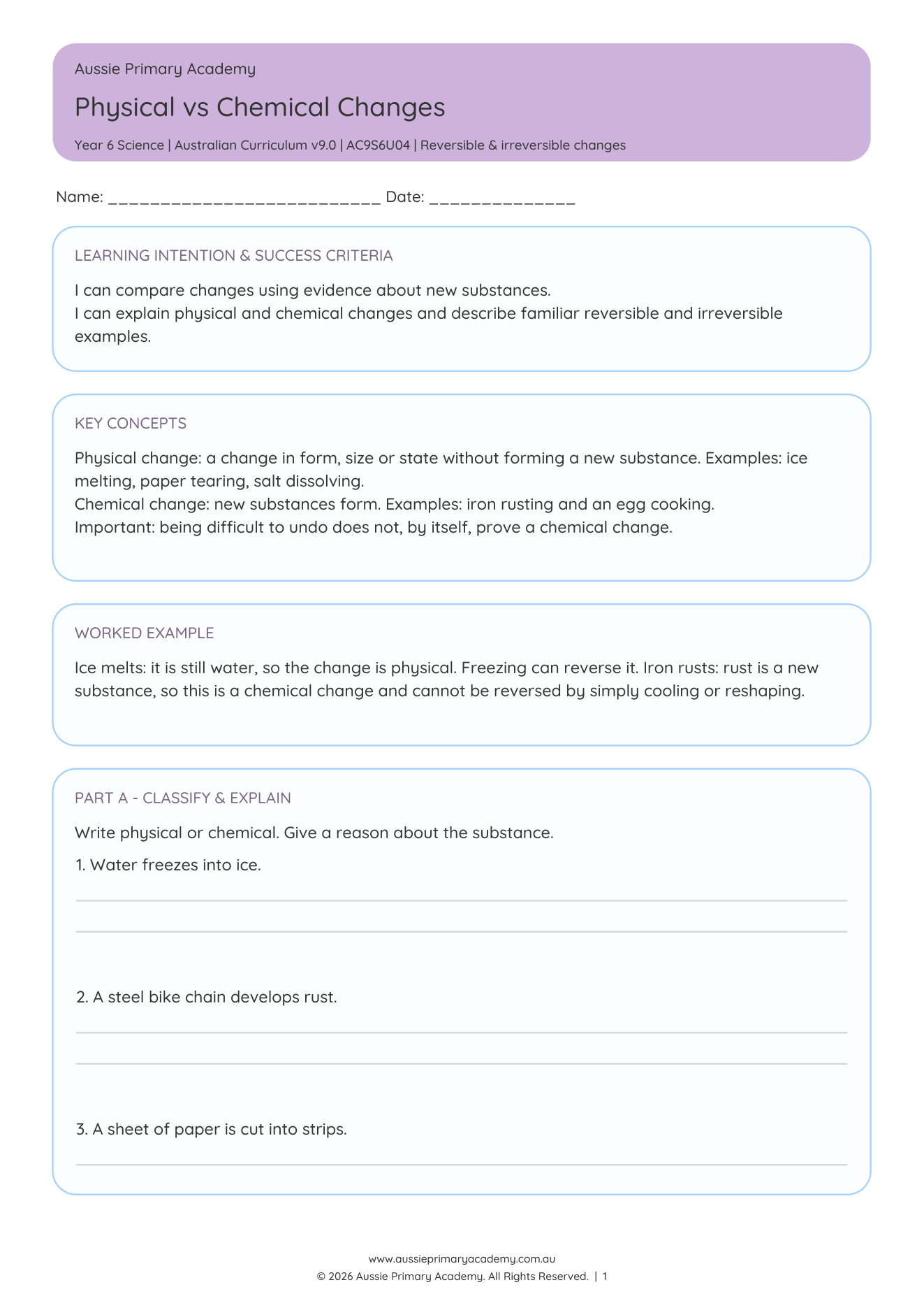 Physical Vs Chemical Changes worksheet preview