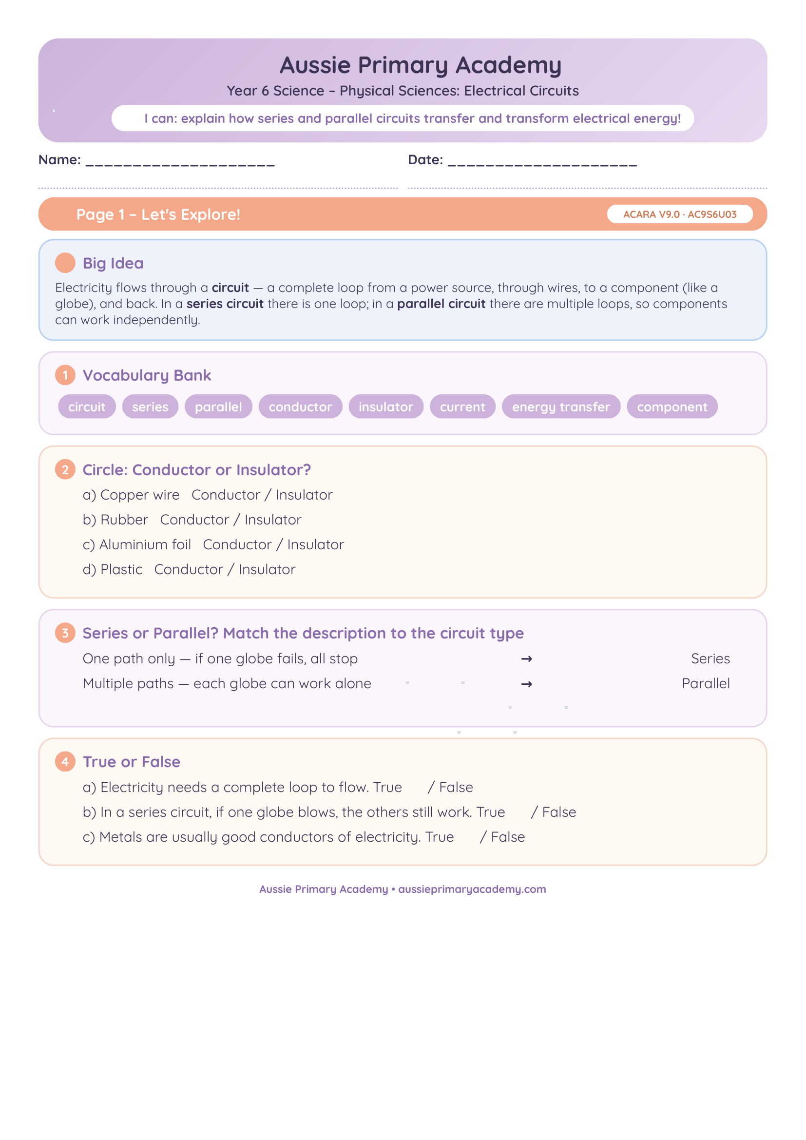 Electrical Circuits Australia Colour worksheet preview
