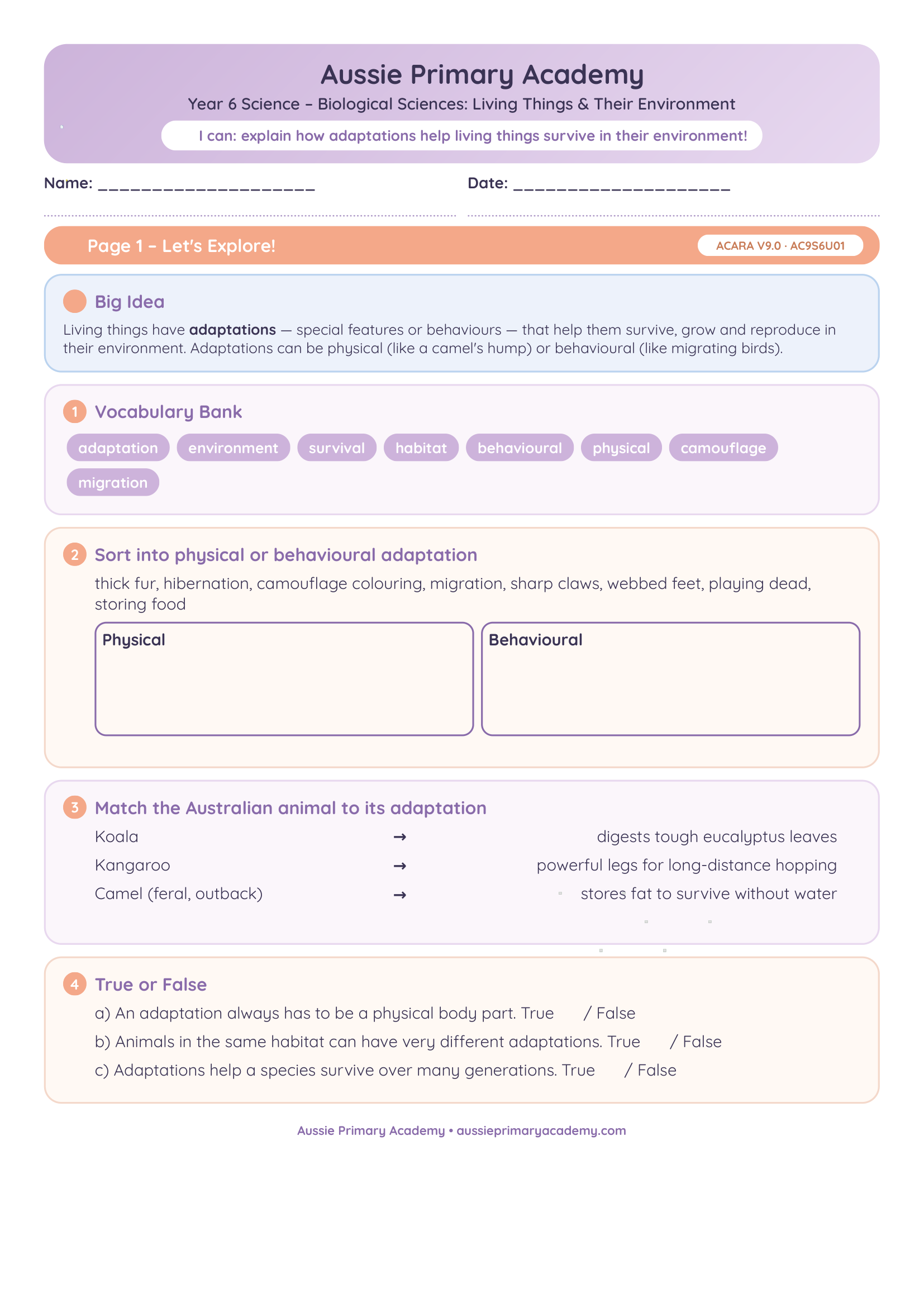 Year 6 Living Things Environment Adaptations worksheet preview