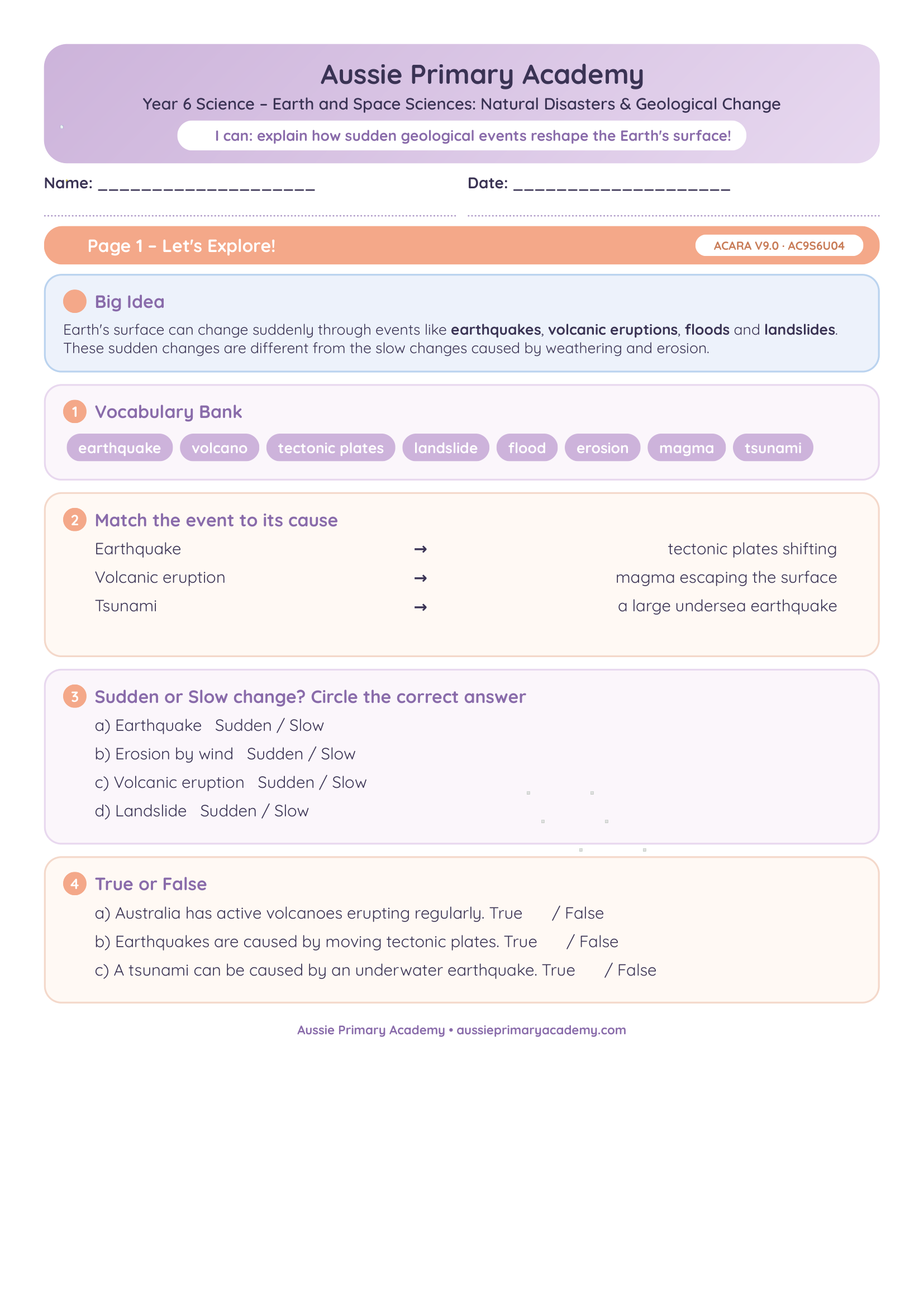 Natural Disasters Geological Change Australia Colour worksheet preview